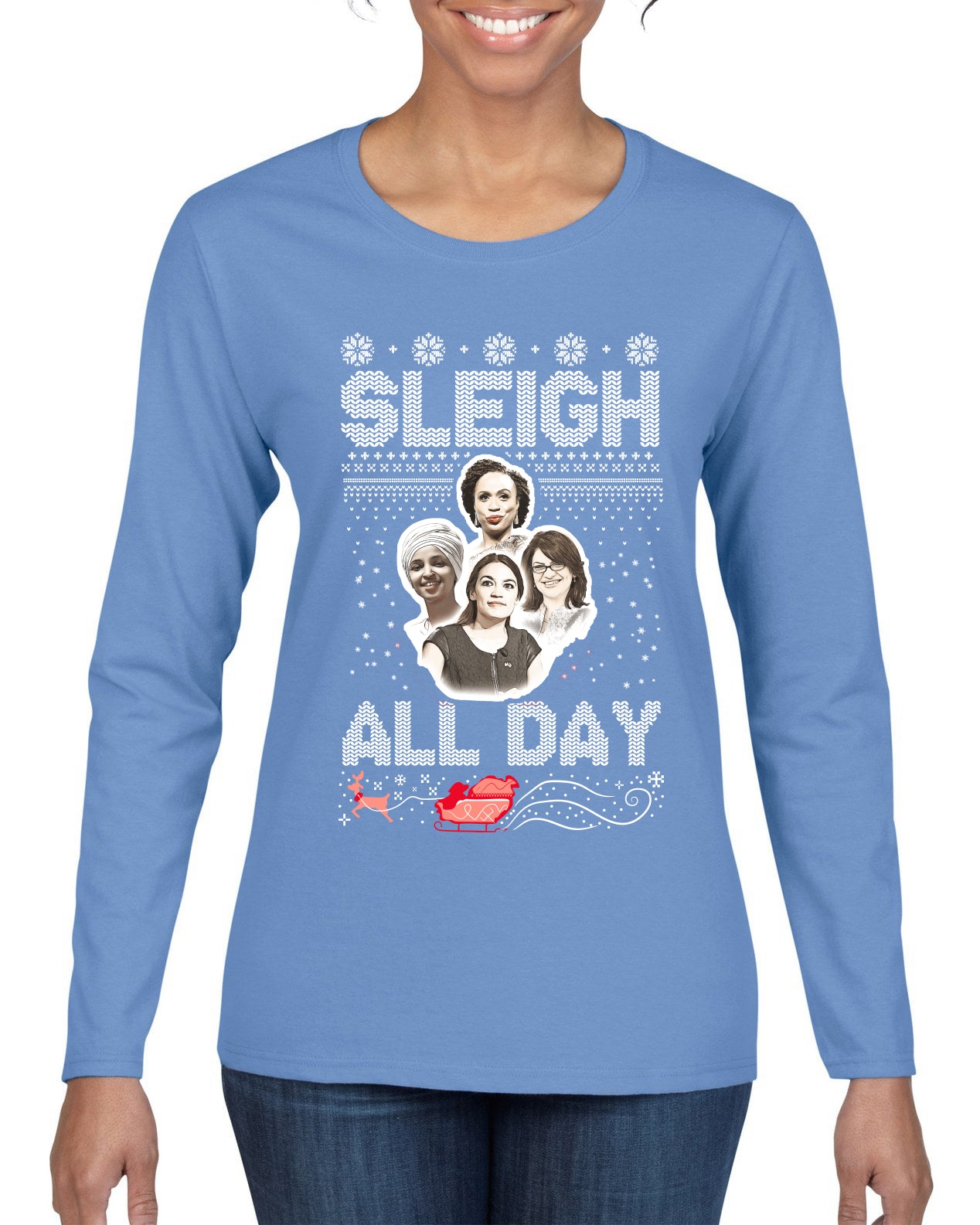 AOC The Squad Congresswomen Sleigh All Day Xmas Ugly Christmas Sweater Womens Graphic Long Sleeve T-Shirt