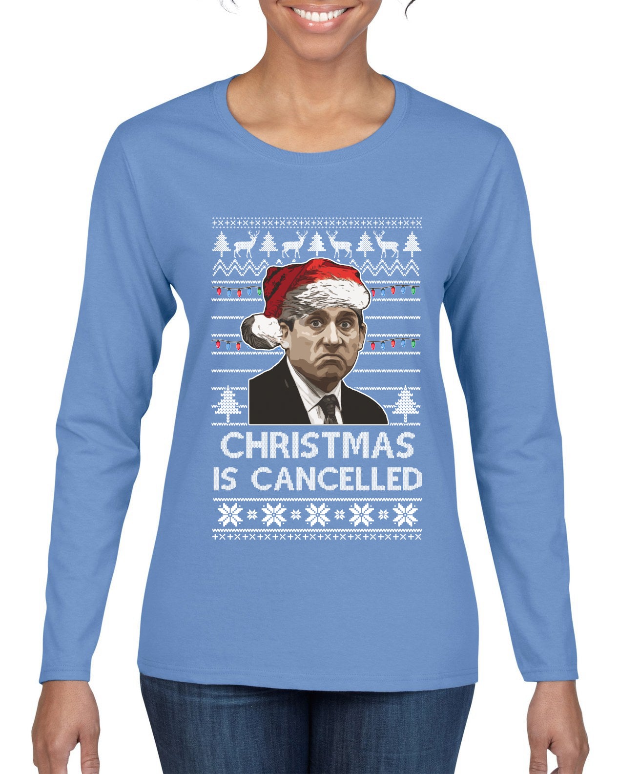 Christmas Is Cancelled Michael Scott Office Ugly Christmas Sweater Womens Graphic Long Sleeve T-Shirt