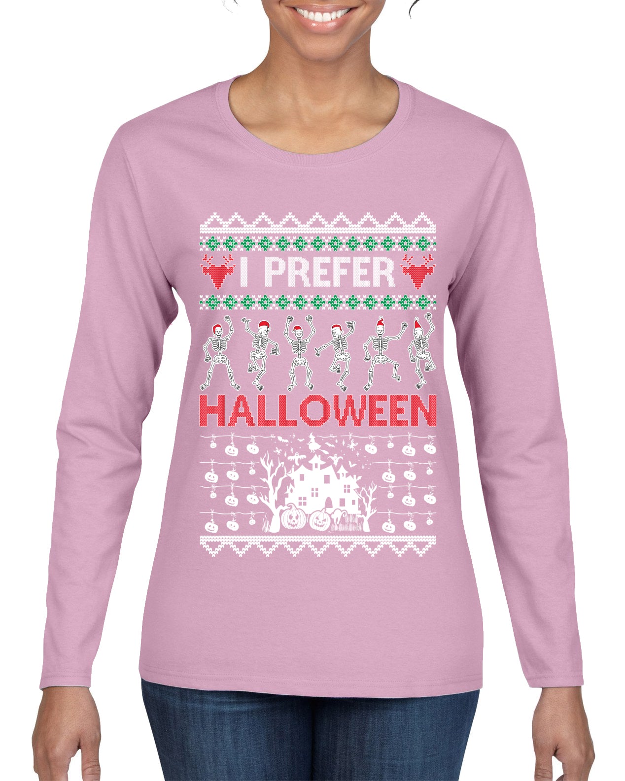 I Prefer Halloween Dancing Skeletons Ugly Christmas Sweater Womens Graphic Long Sleeve T-Shirt
