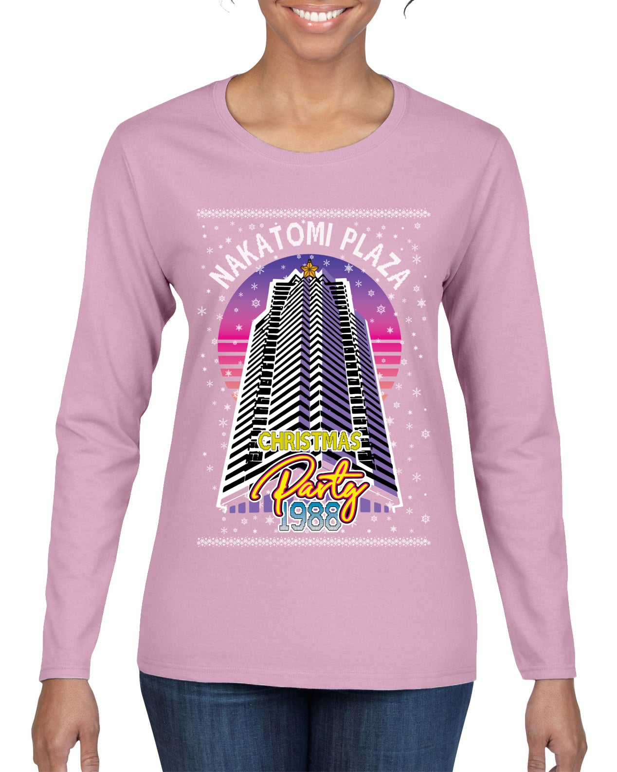 Retro Nakatomi Plaza 1988 Holiday Party Ugly Christmas Sweater Womens Graphic Long Sleeve T-Shirt