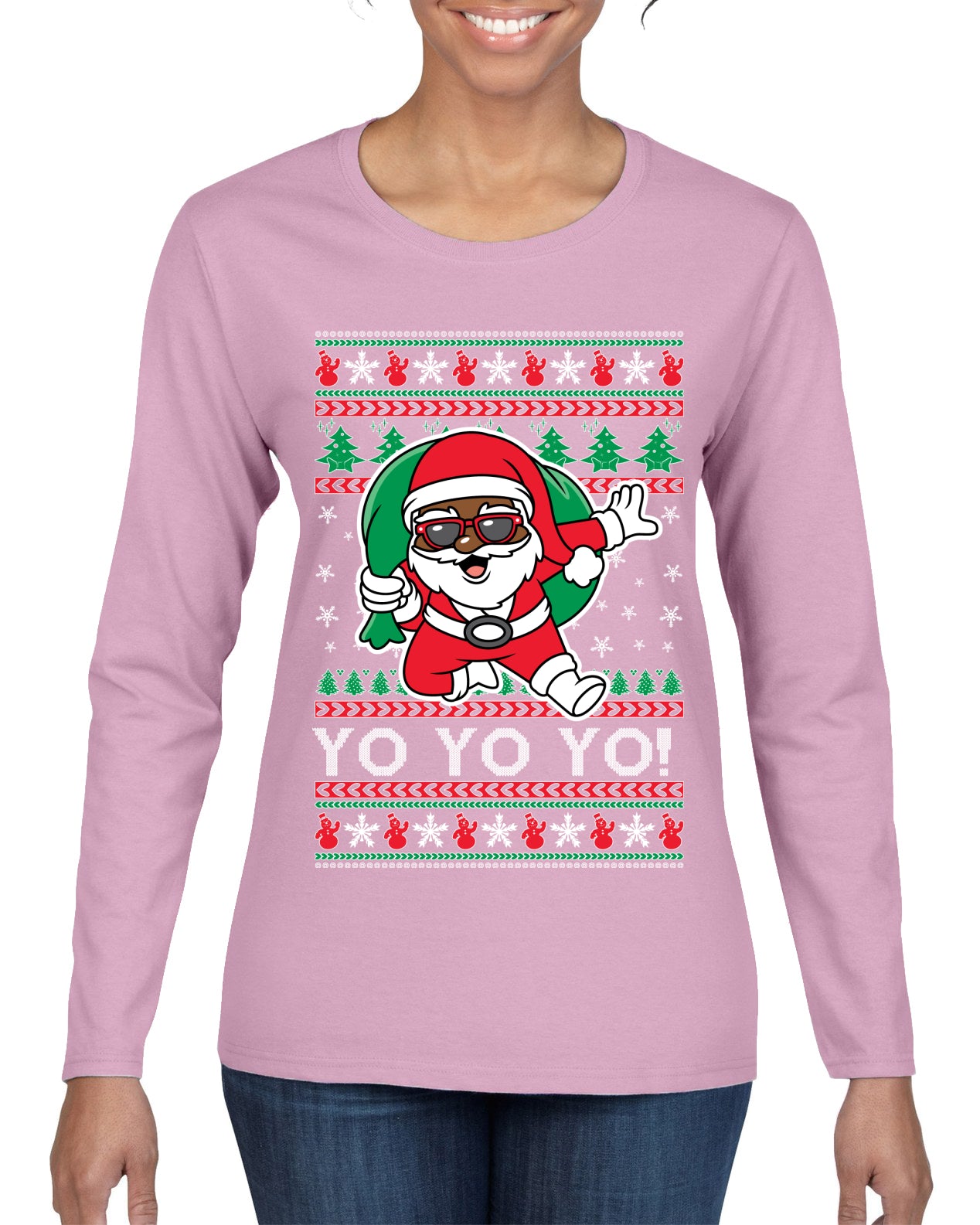 Yo Yo Yo Black Santa Ugly Christmas Sweater Womens Graphic Long Sleeve T-Shirt