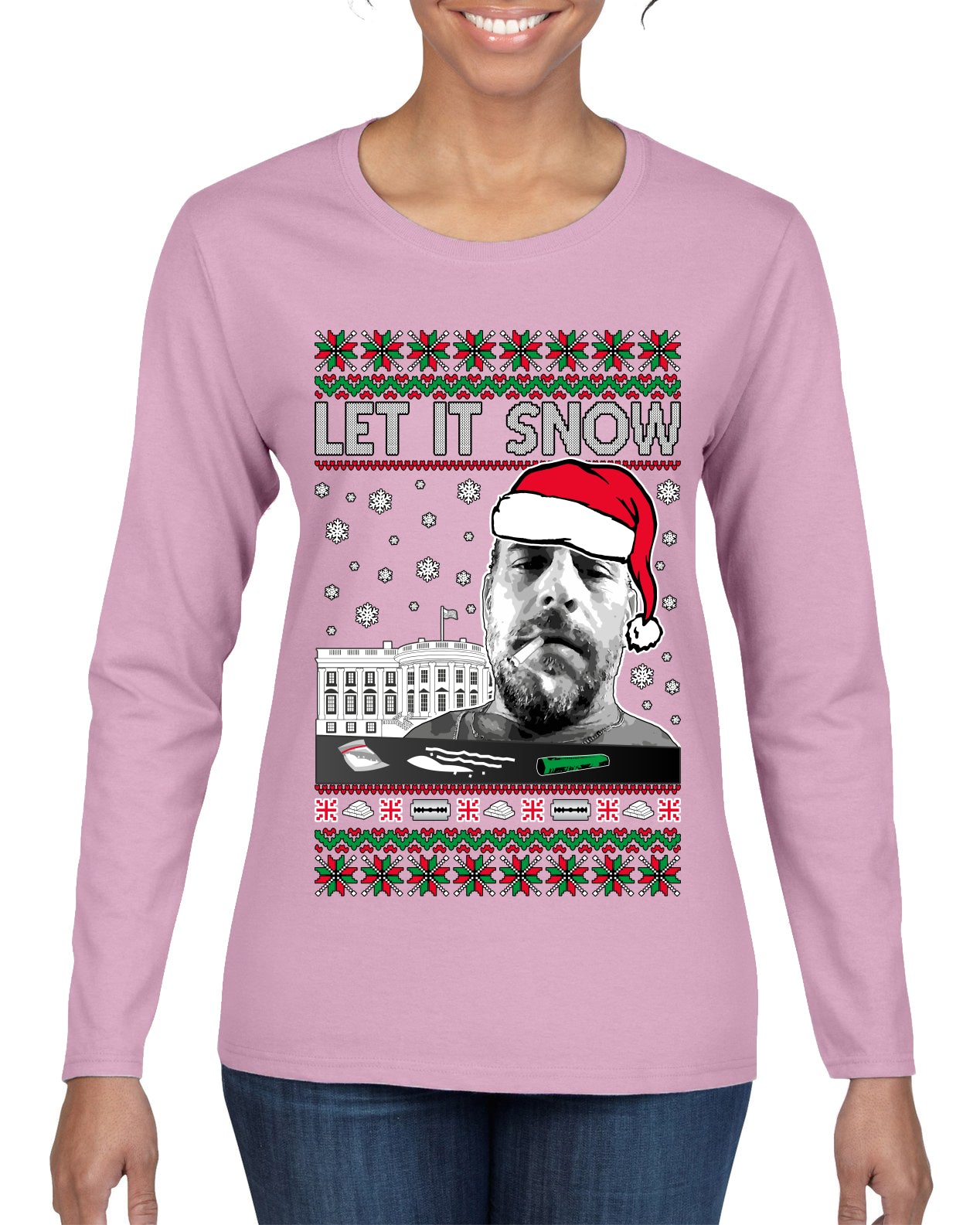 Hunter Let It Snow Biden Ugly Christmas Sweater Womens Graphic Long Sleeve T-Shirt