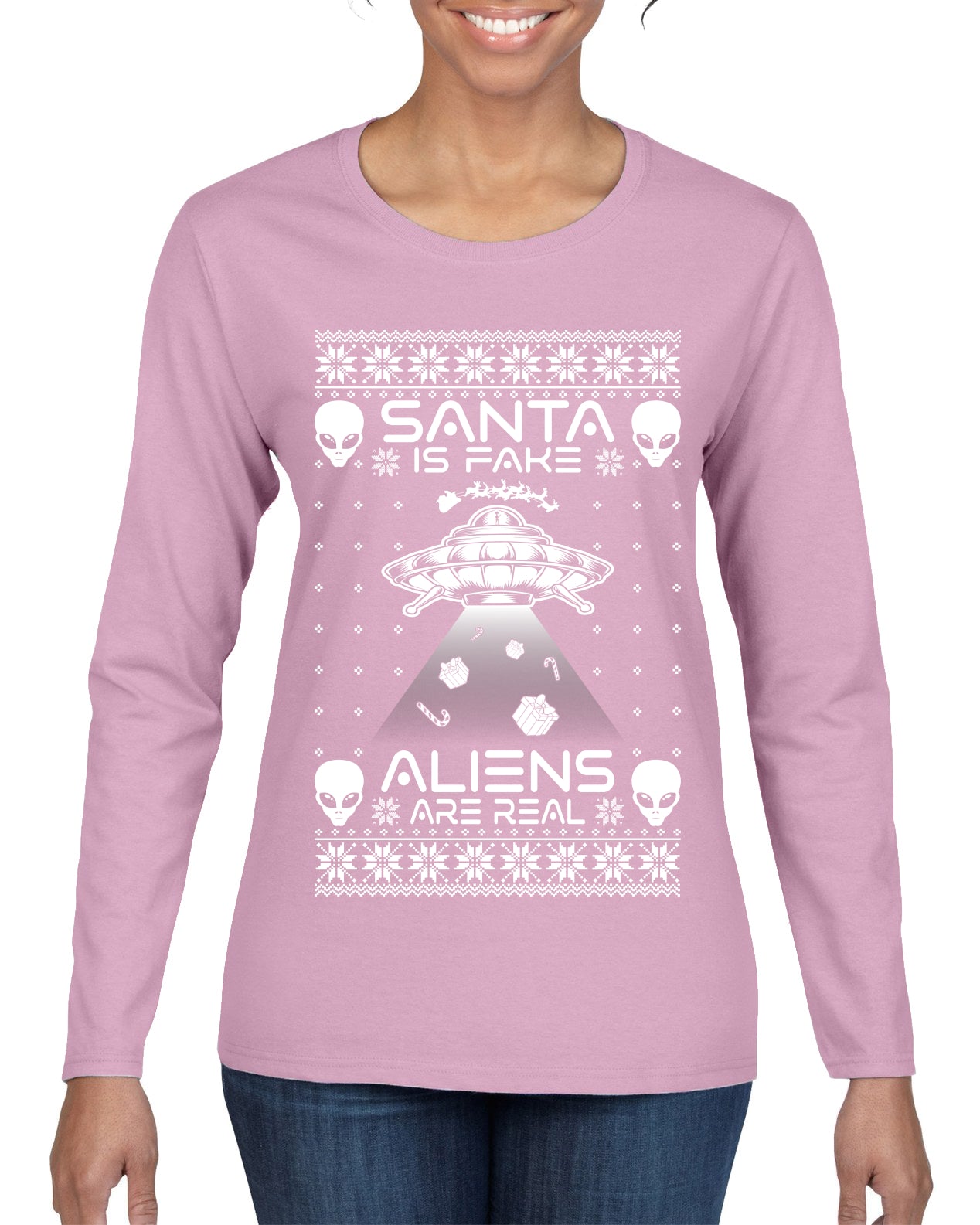 Santa Is Fake Aliens Are Real Ugly Christmas Sweater Womens Graphic Long Sleeve T-Shirt