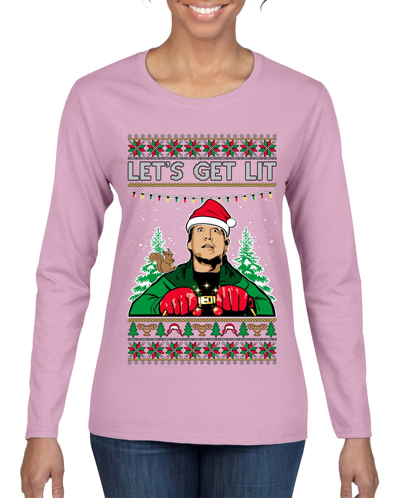 Let's Get Lit Clark Vacation Ugly Christmas Sweater Womens Graphic Long Sleeve T-Shirt