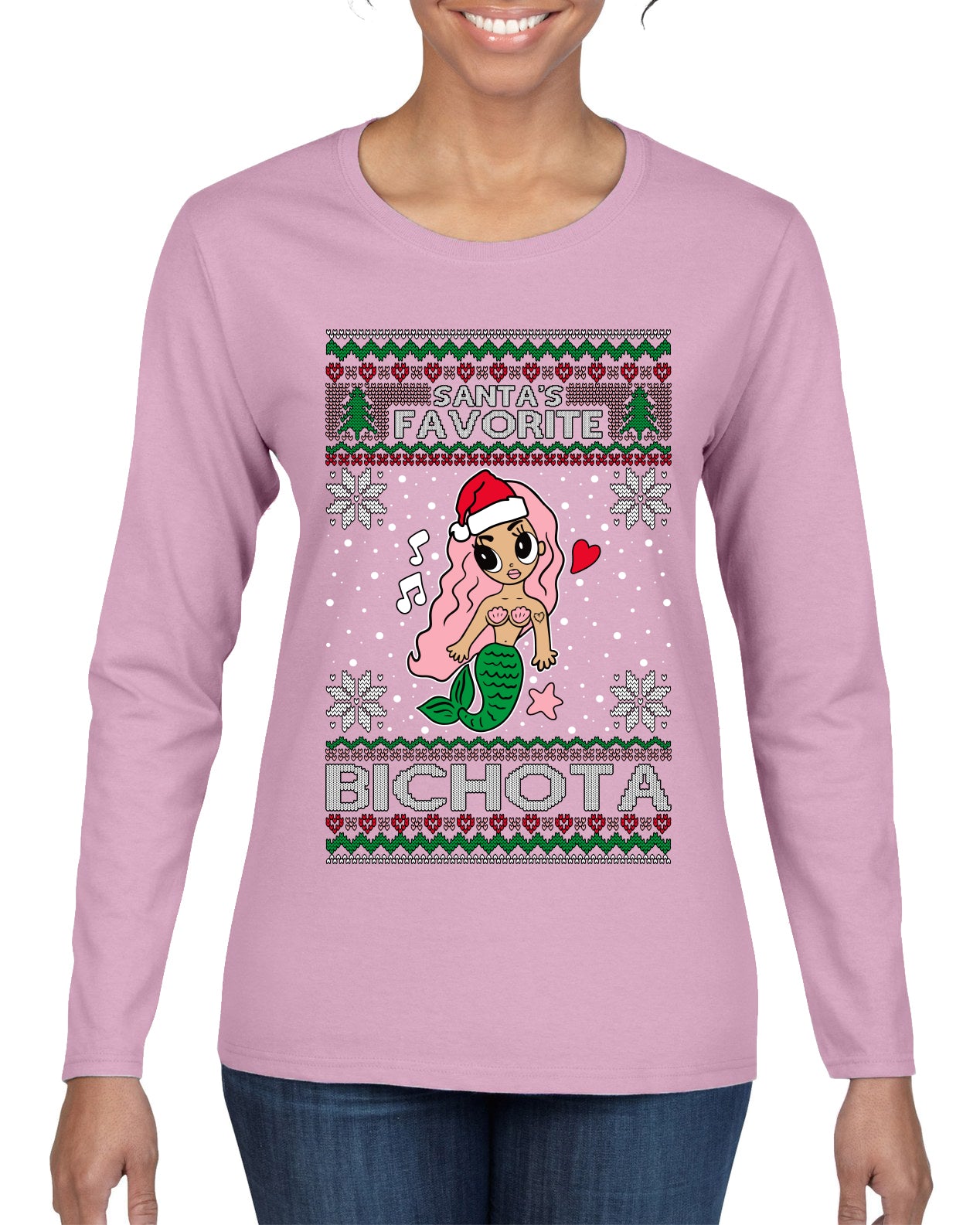 Christmas Karol Santa's Favorite Bichota Ugly Christmas Sweater Womens Graphic Long Sleeve T-Shirt