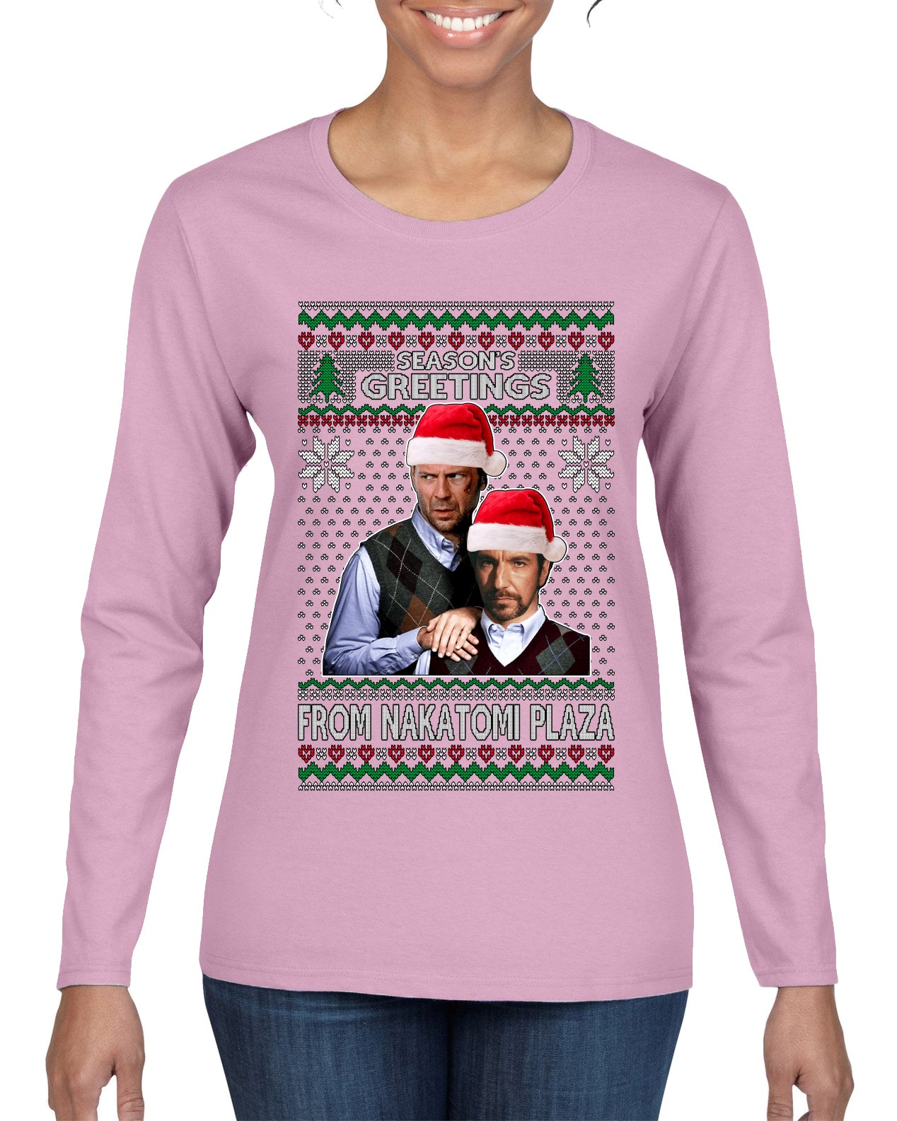 Season's Greeting From Nakatomi Plaza Ugly Christmas Sweater Womens Graphic Long Sleeve T-Shirt
