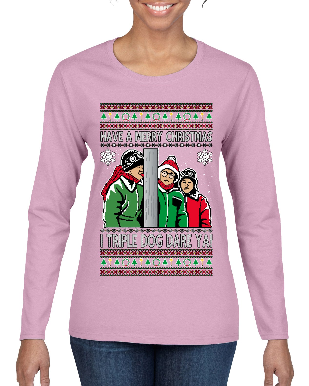 I Triple Dog Dare Ya Merry Story Ugly Christmas Sweater Womens Graphic Long Sleeve T-Shirt