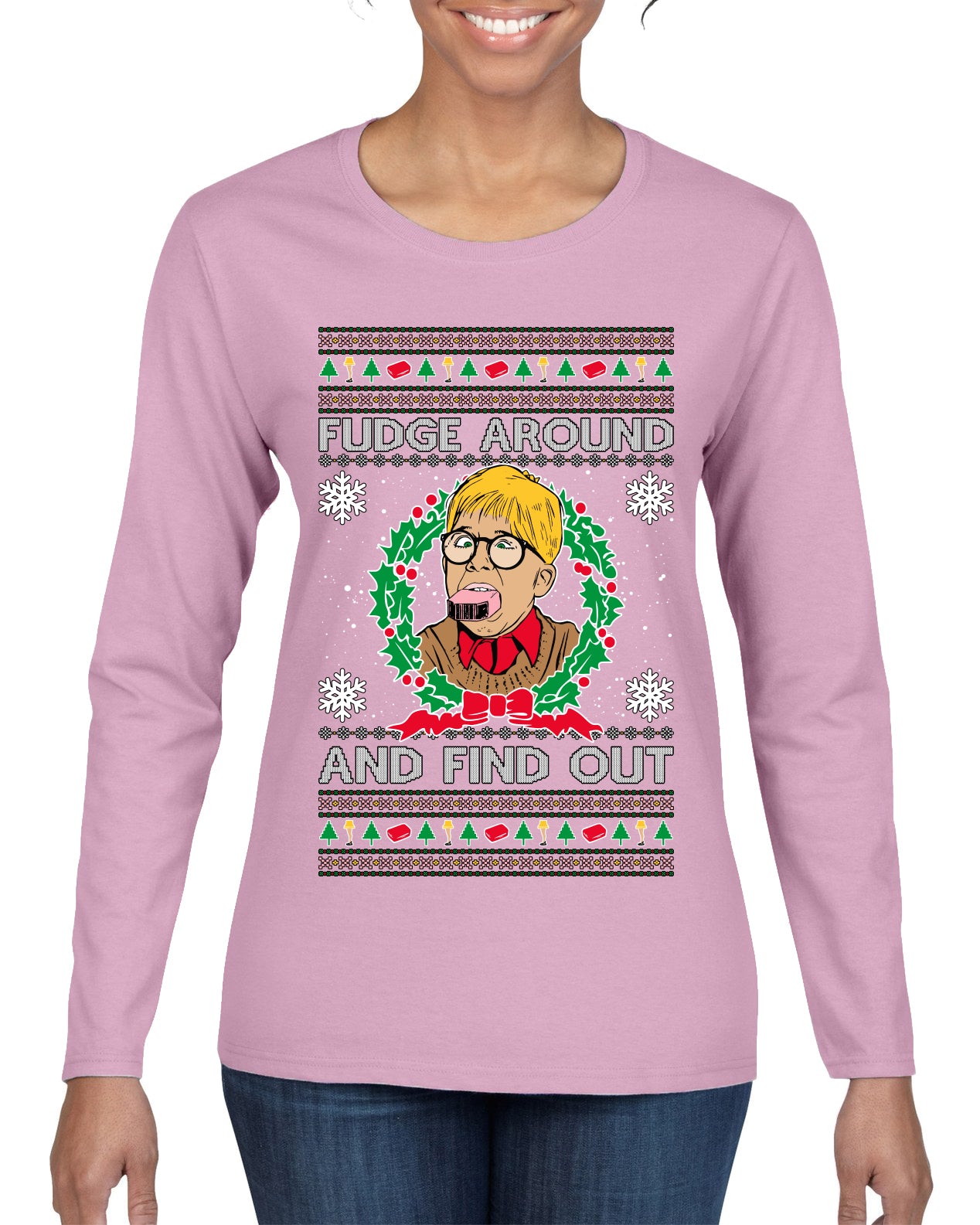 Fudge Around And Find Out Story Ugly Christmas Sweater Womens Graphic Long Sleeve T-Shirt