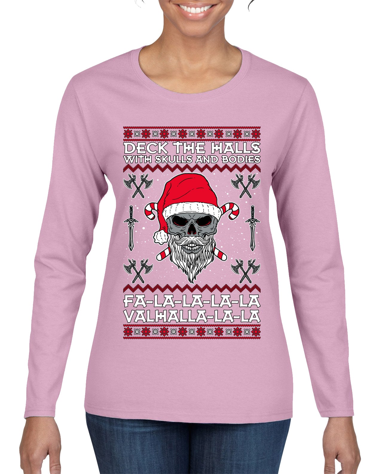 Valhalla Deck The Halls With Skulls & Bodies Ugly Christmas Sweater Womens Graphic Long Sleeve T-Shirt