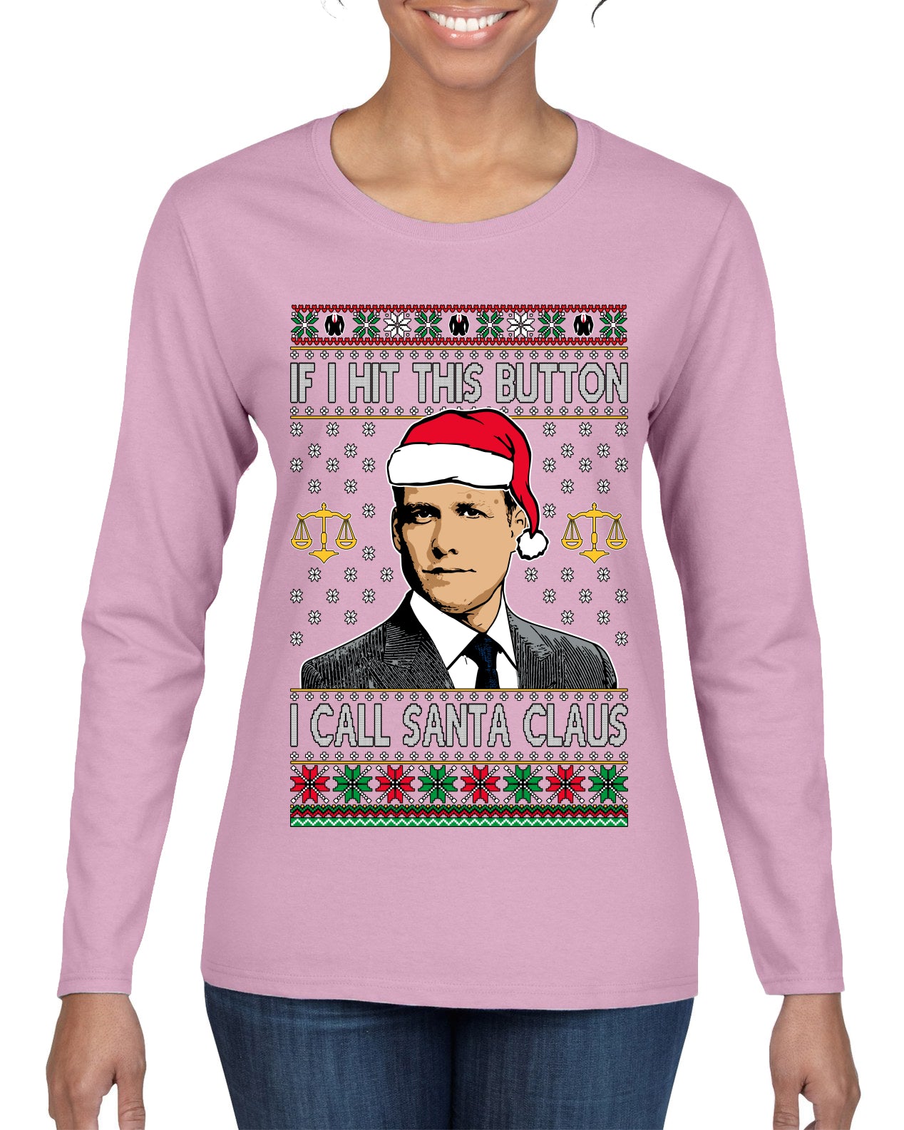 Harvey Hit This Button I Call Santa Specter TV Show Parody Ugly Christmas Sweater Womens Graphic Long Sleeve T-Shirt