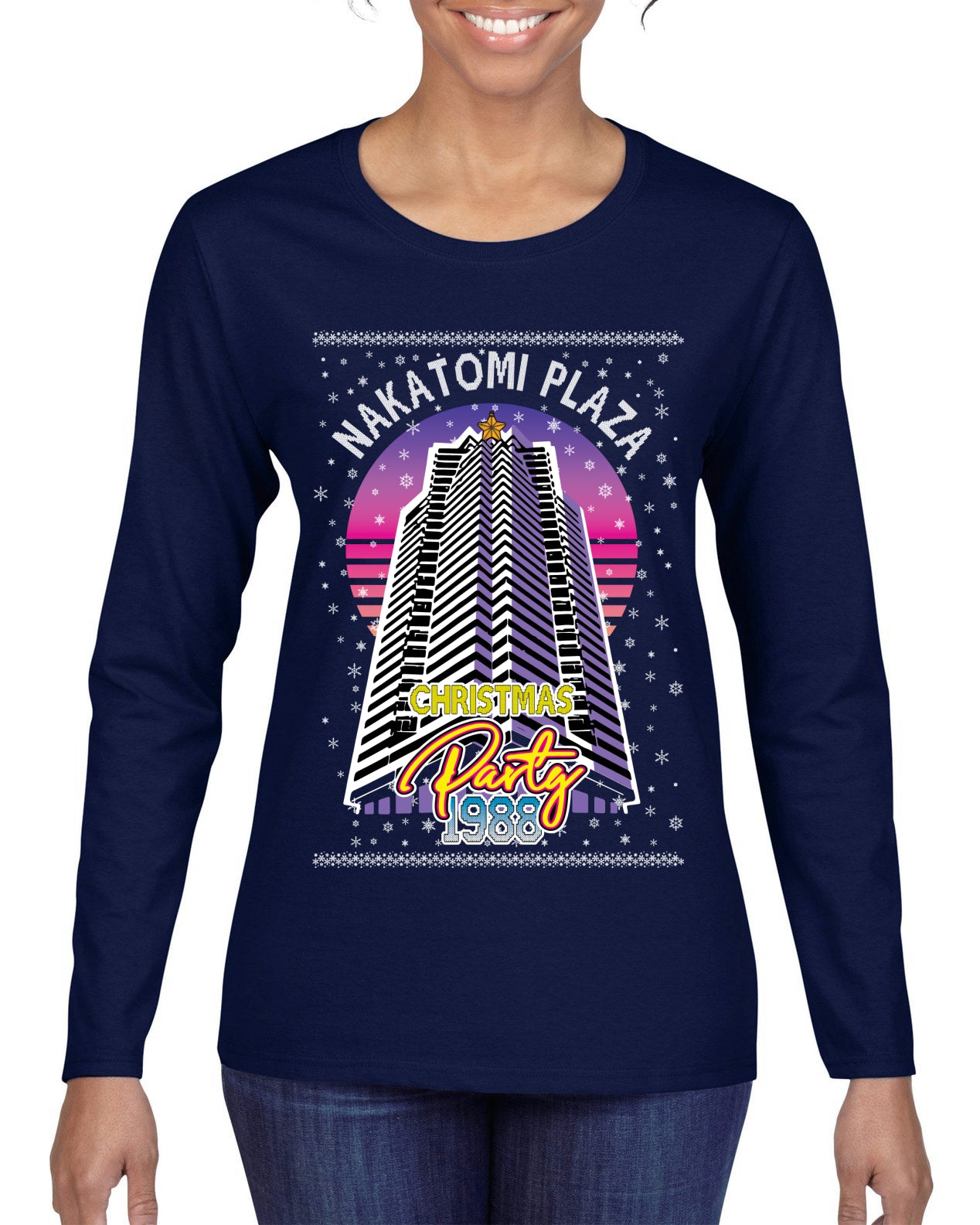 Retro Nakatomi Plaza 1988 Holiday Party Ugly Christmas Sweater Womens Graphic Long Sleeve T-Shirt