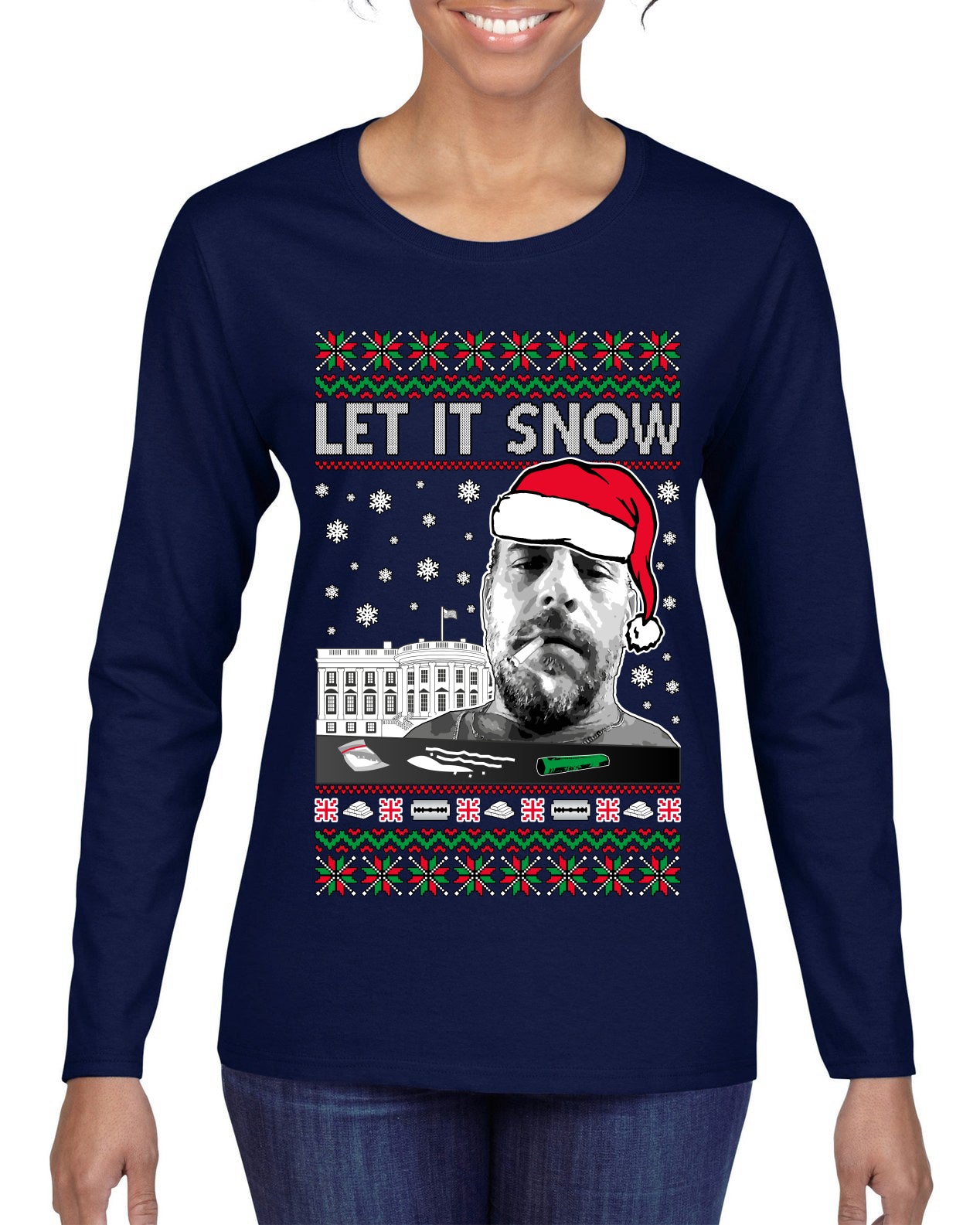 Hunter Let It Snow Biden Ugly Christmas Sweater Womens Graphic Long Sleeve T-Shirt