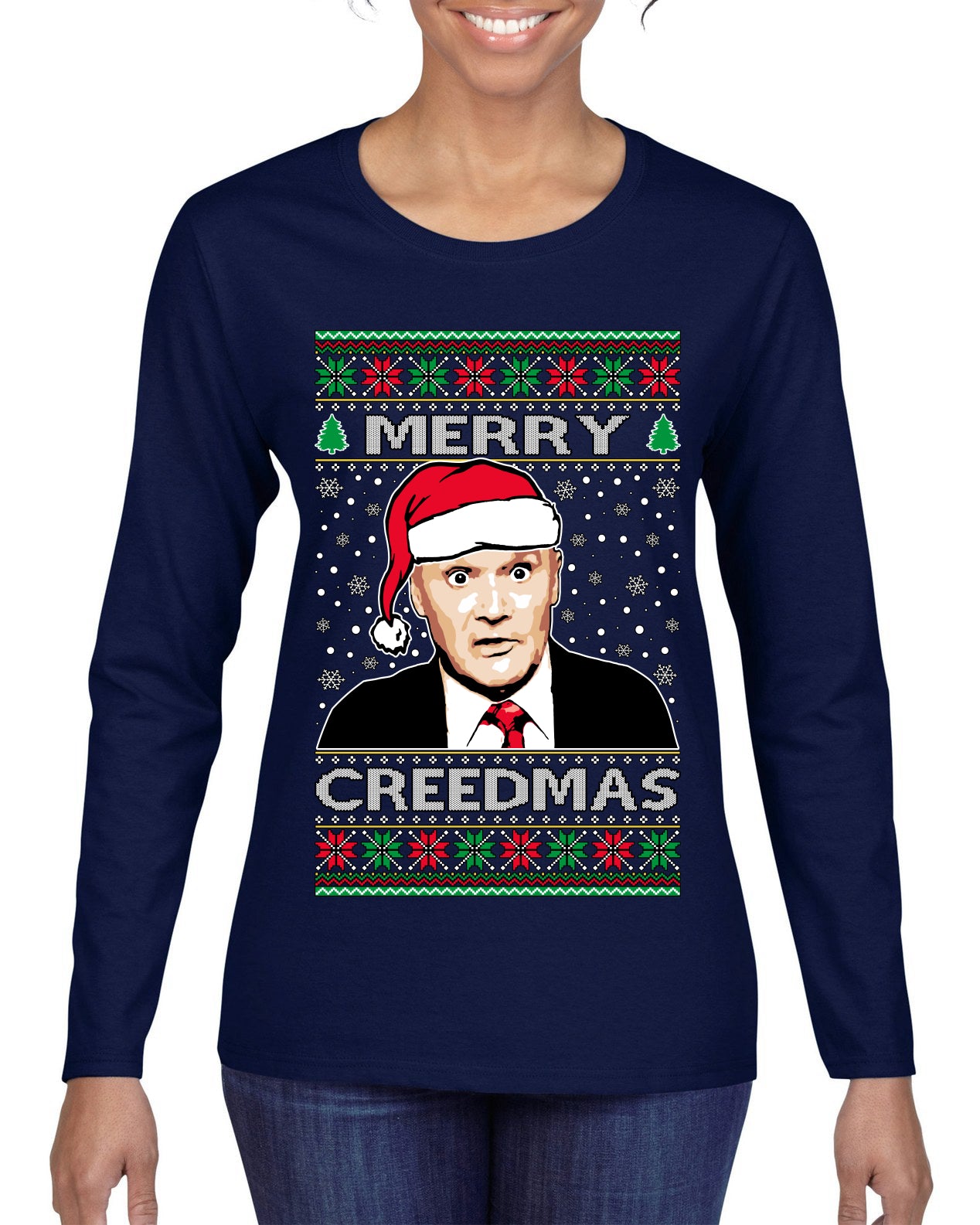 Merry Creedmas Office Humor TV  Ugly Christmas Sweater Womens Graphic Long Sleeve T-Shirt