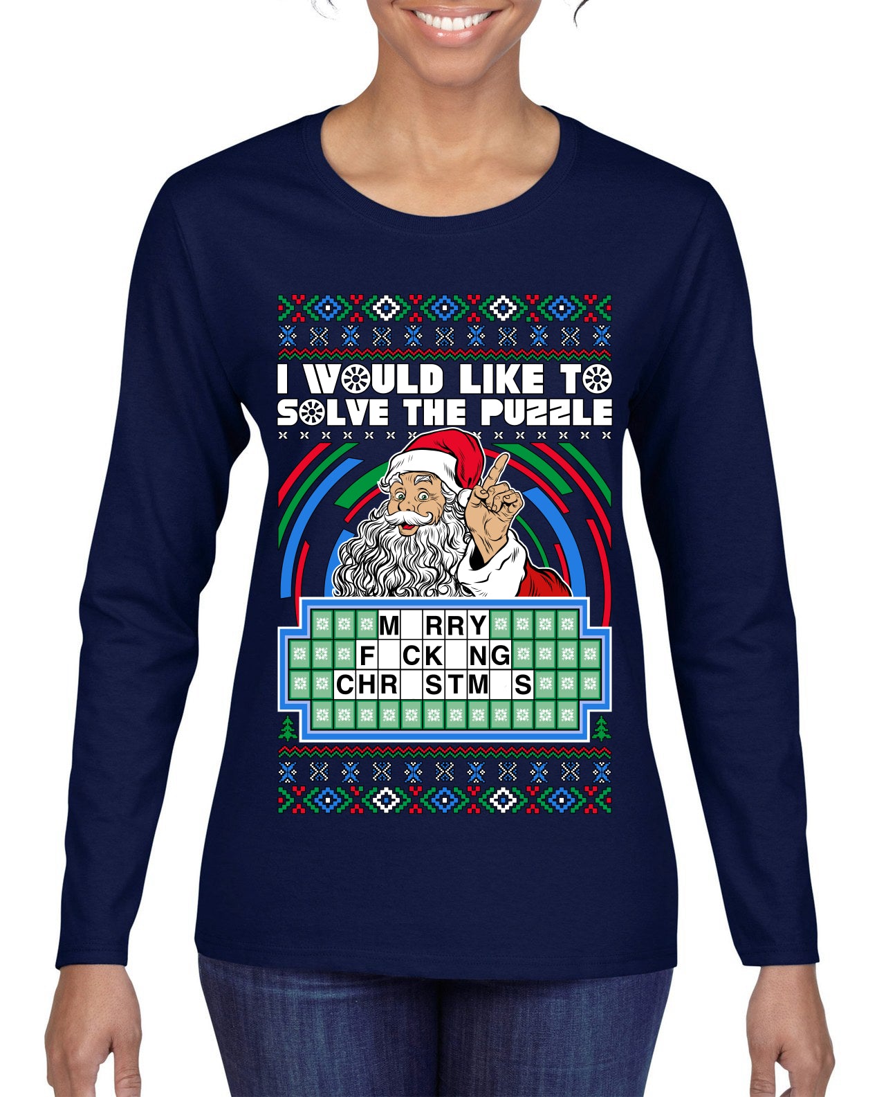Santa Game Show I'd Like To Solve the Puzzle Wheel Ugly Christmas Sweater Womens Graphic Long Sleeve T-Shirt