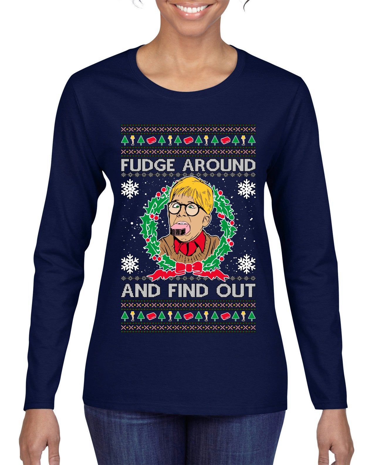 Fudge Around And Find Out Story Ugly Christmas Sweater Womens Graphic Long Sleeve T-Shirt