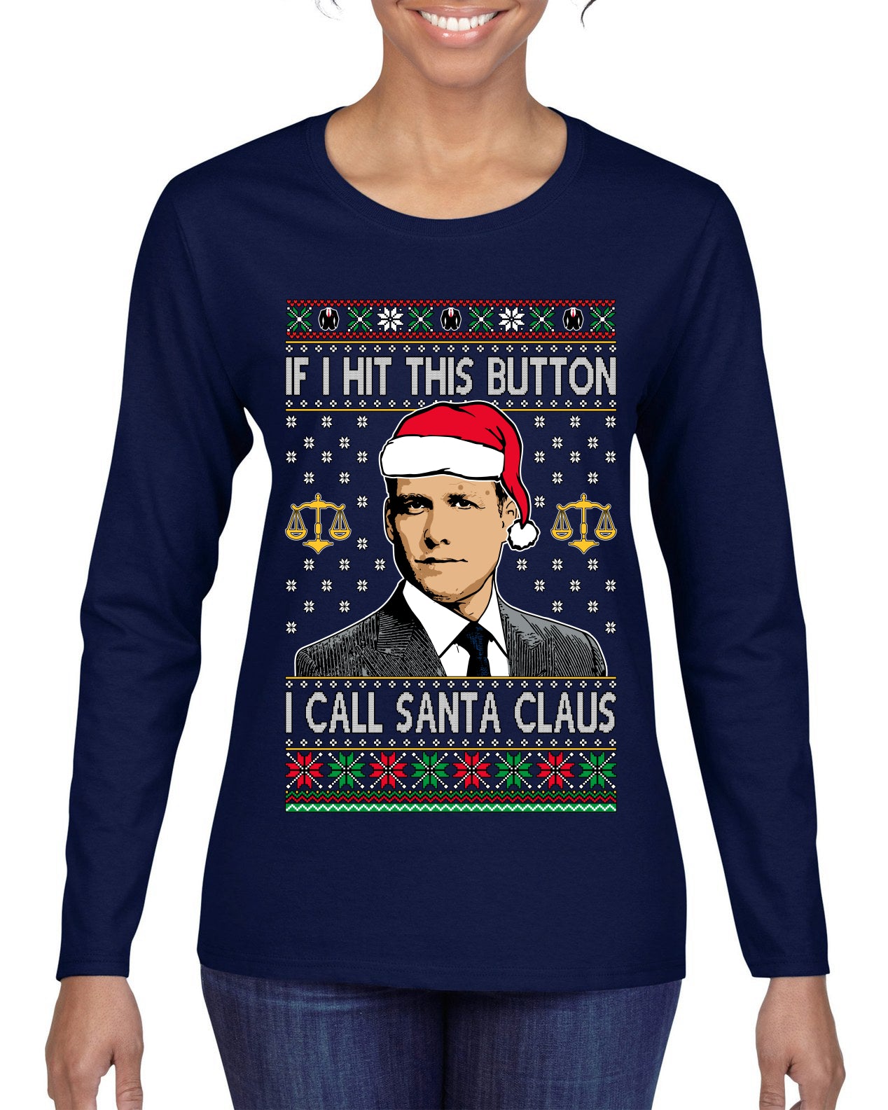 Harvey Hit This Button I Call Santa Specter TV Show Parody Ugly Christmas Sweater Womens Graphic Long Sleeve T-Shirt