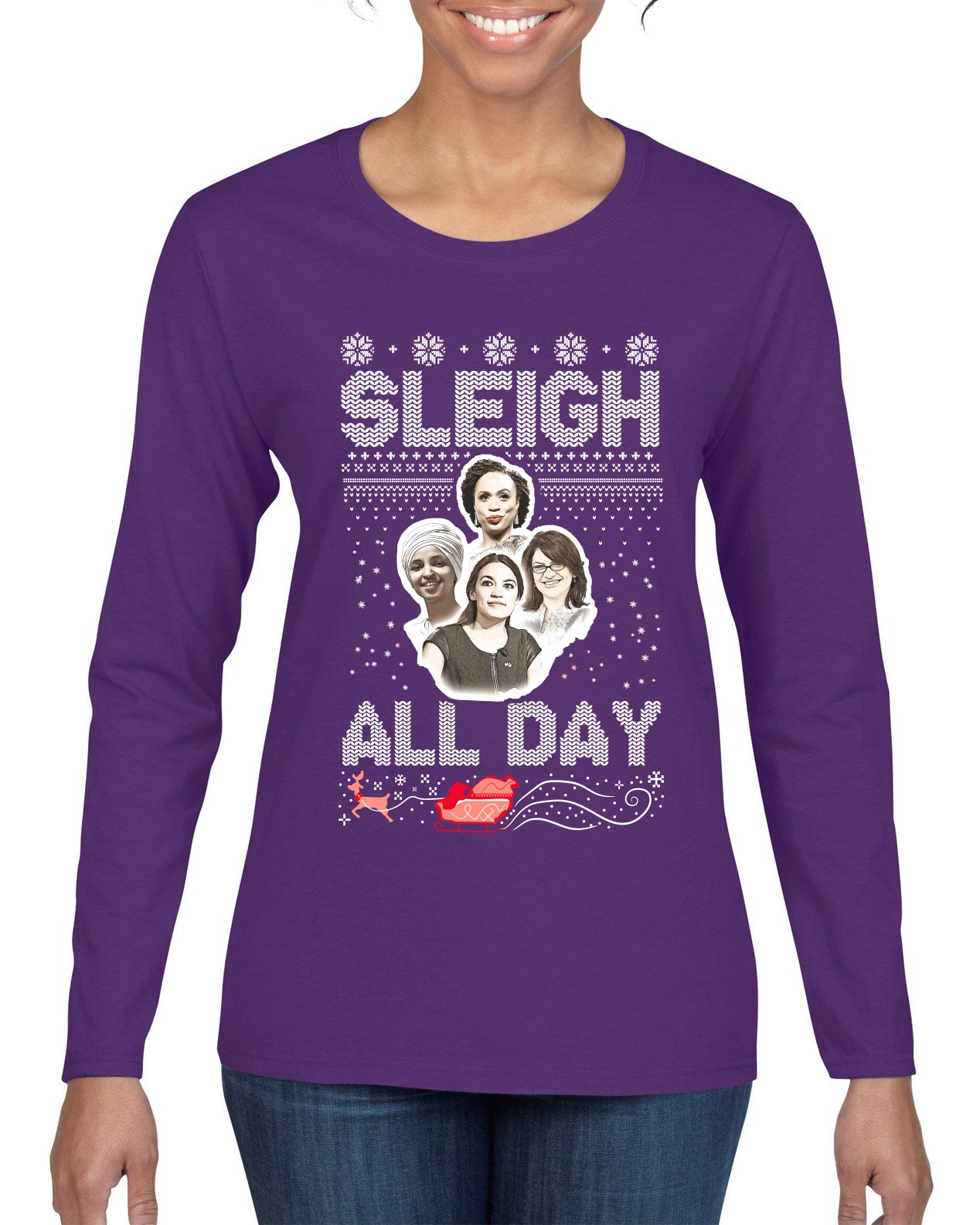 AOC The Squad Congresswomen Sleigh All Day Xmas Ugly Christmas Sweater Womens Graphic Long Sleeve T-Shirt