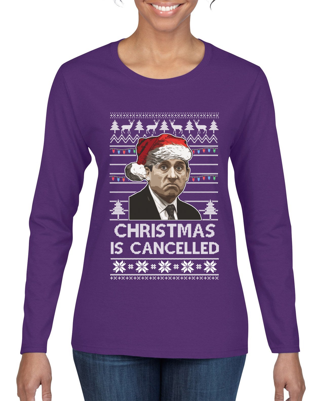 Christmas Is Cancelled Michael Scott Office Ugly Christmas Sweater Womens Graphic Long Sleeve T-Shirt