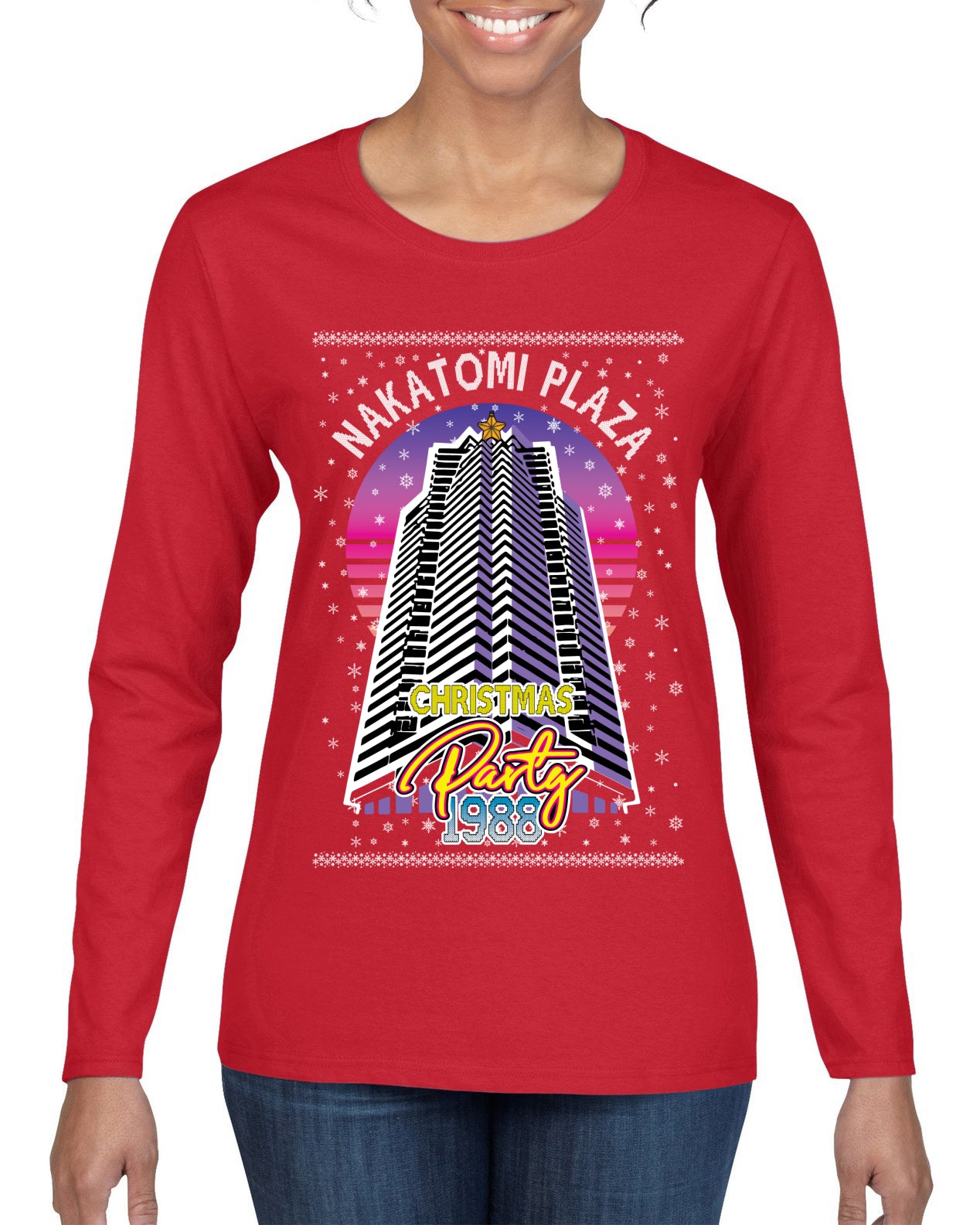 Retro Nakatomi Plaza 1988 Holiday Party Ugly Christmas Sweater Womens Graphic Long Sleeve T-Shirt