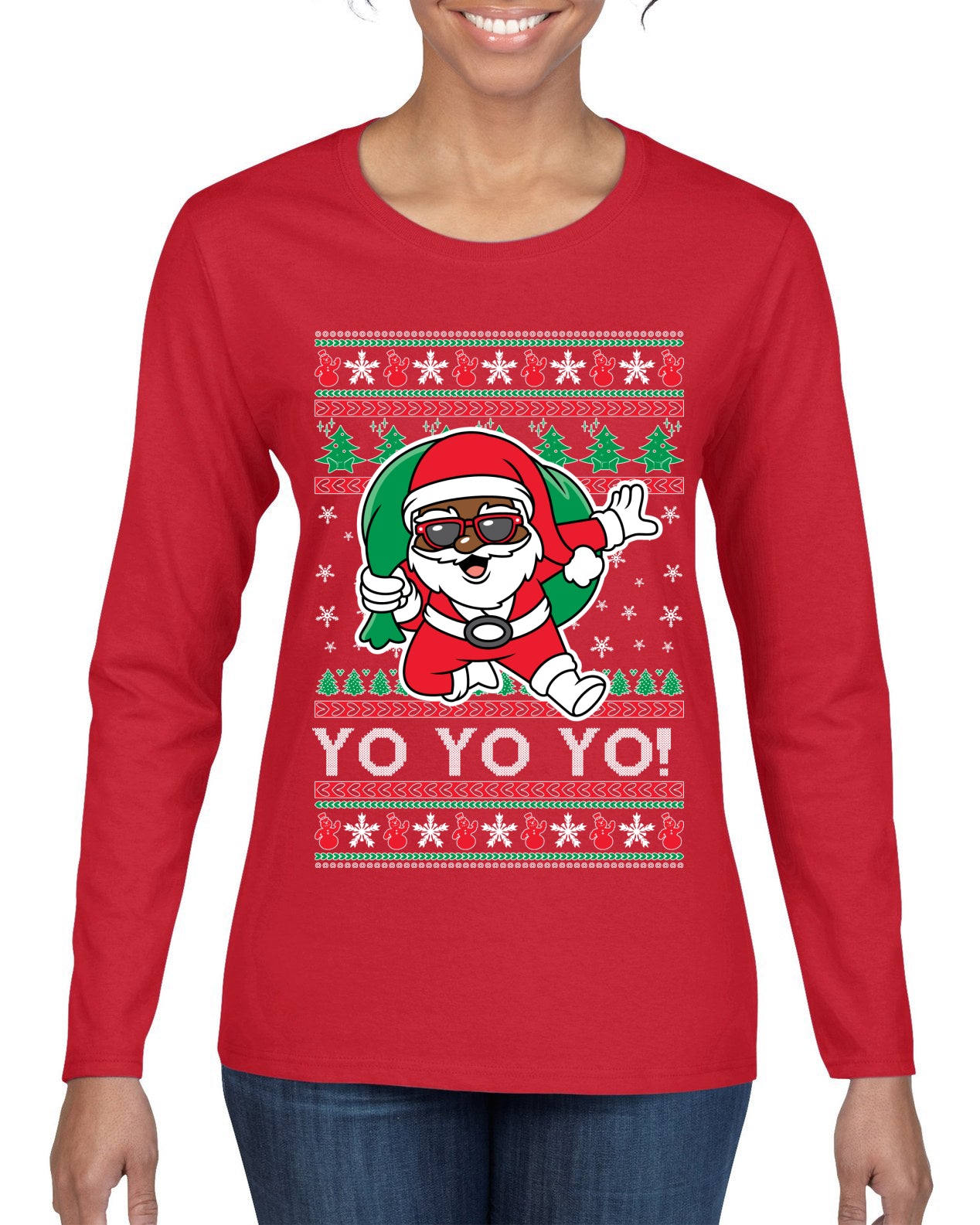 Yo Yo Yo Black Santa Ugly Christmas Sweater Womens Graphic Long Sleeve T-Shirt