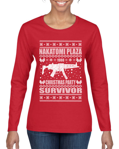 Nakatomi Plaza Christmas Party Survivor 1988 Ugly Christmas Sweater Womens Graphic Long Sleeve T-Shirt