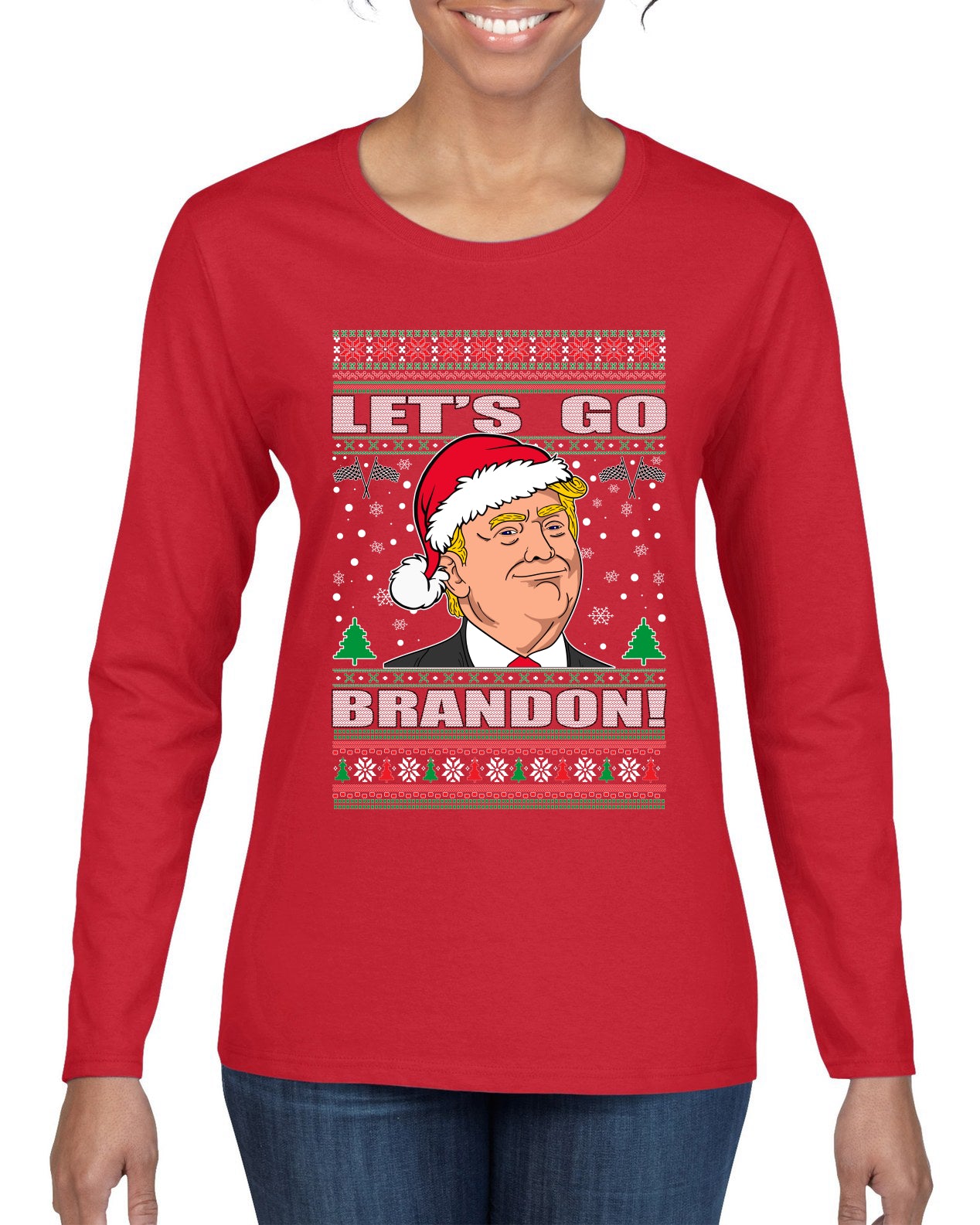 Let's Go Brandon Funny Santa Hat Ugly Christmas Sweater Womens Graphic Long Sleeve T-Shirt
