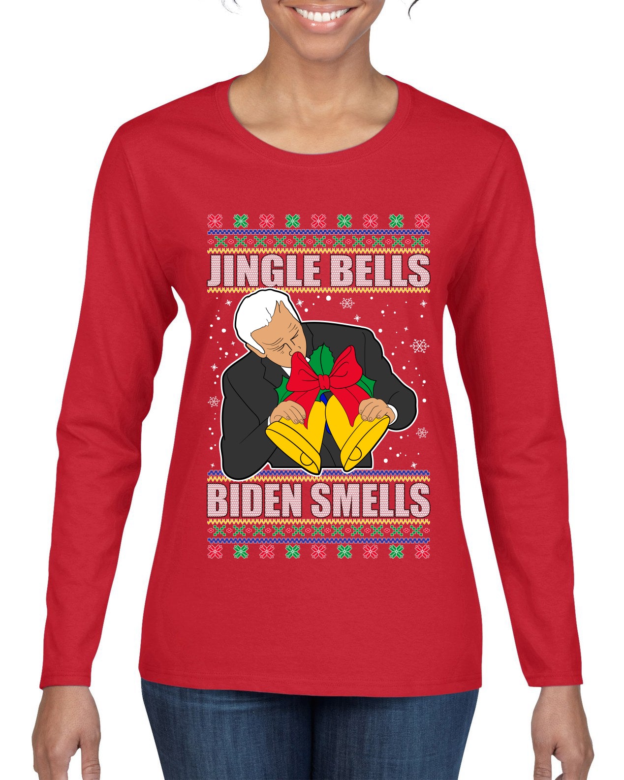 Jingle Bells Biden Smells Ugly Christmas Sweater Womens Graphic Long Sleeve T-Shirt
