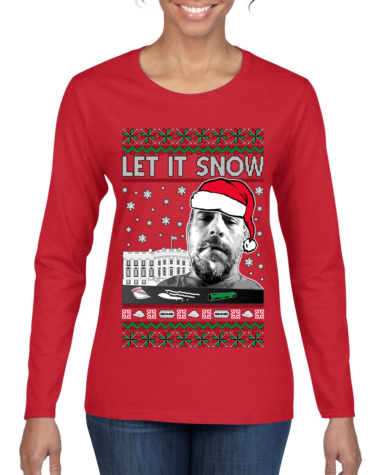 Hunter Let It Snow Biden Ugly Christmas Sweater Womens Graphic Long Sleeve T-Shirt