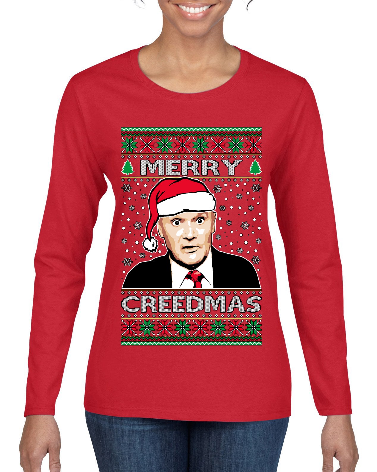 Merry Creedmas Office Humor TV  Ugly Christmas Sweater Womens Graphic Long Sleeve T-Shirt