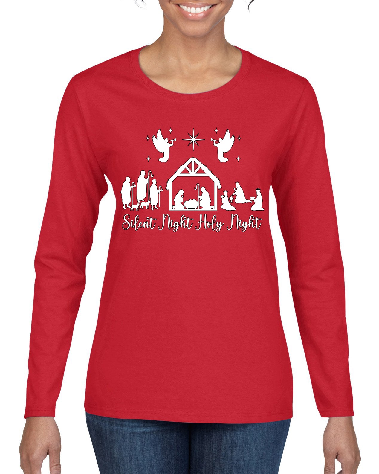 Silent Night Holy Night Religious Jesus Christmas Womens Graphic Long Sleeve T-Shirt