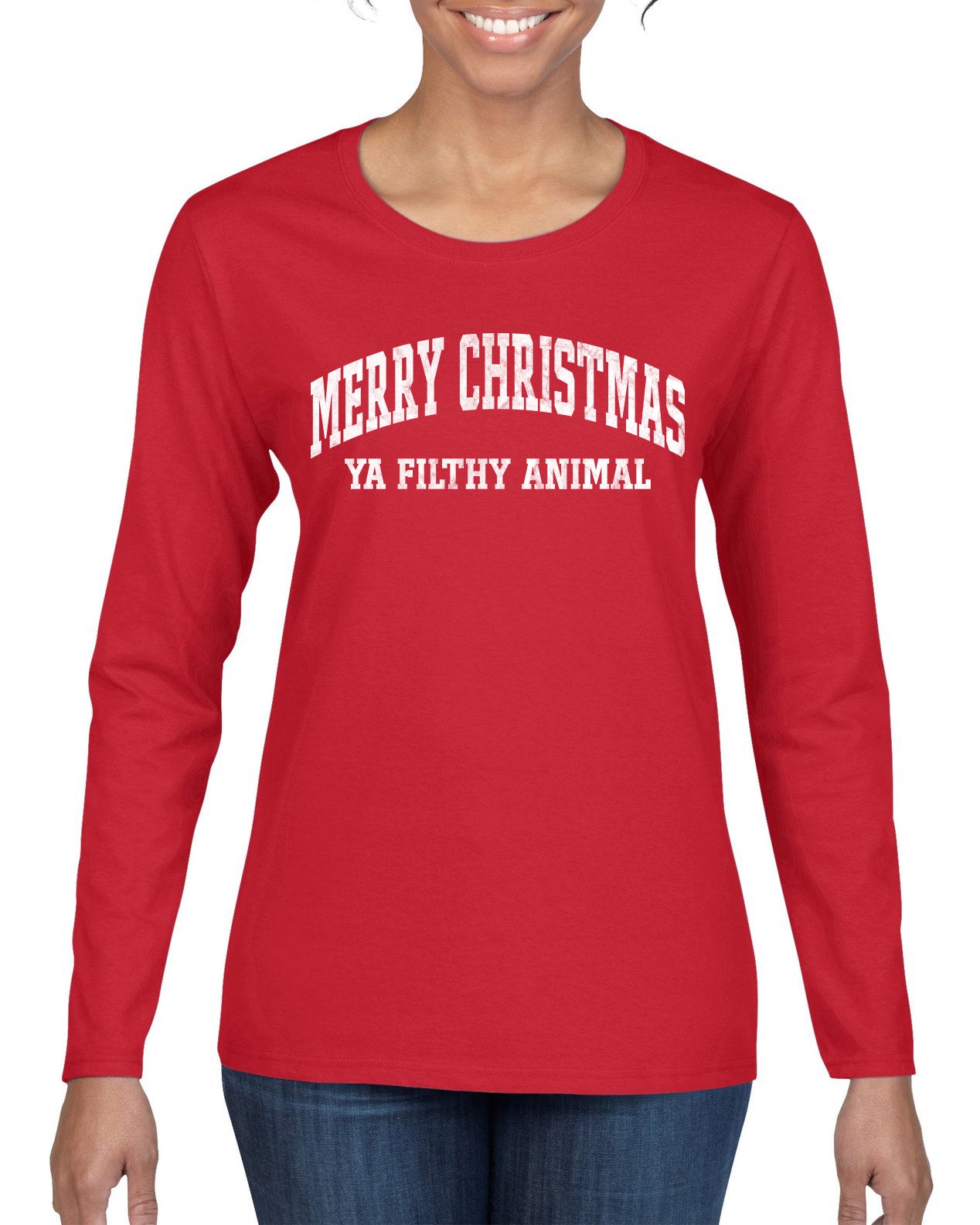 Vintage Movie Quote Merry Christmas Filthy Animal Christmas Womens Graphic Long Sleeve T-Shirt