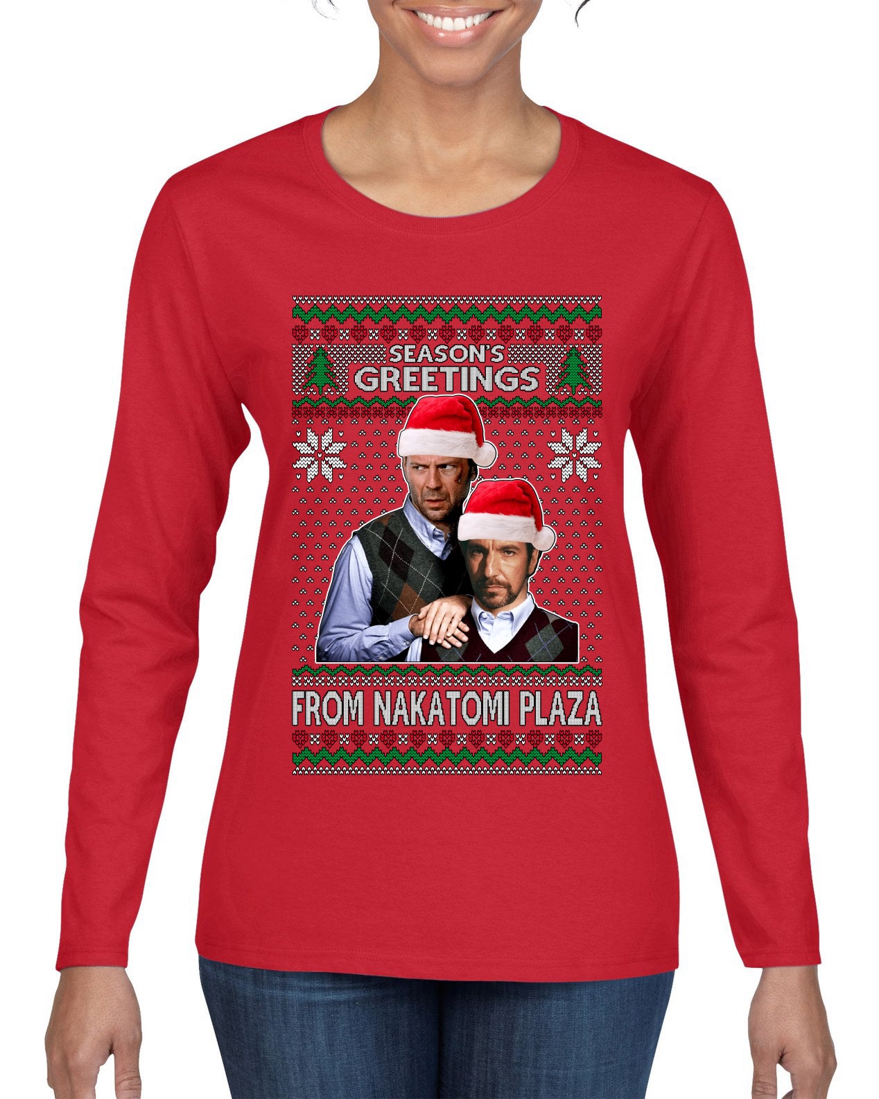 Season's Greeting From Nakatomi Plaza Ugly Christmas Sweater Womens Graphic Long Sleeve T-Shirt