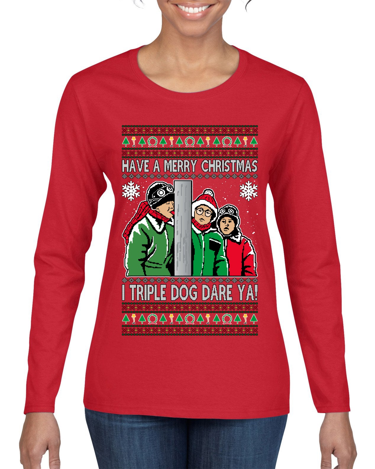 I Triple Dog Dare Ya Merry Story Ugly Christmas Sweater Womens Graphic Long Sleeve T-Shirt