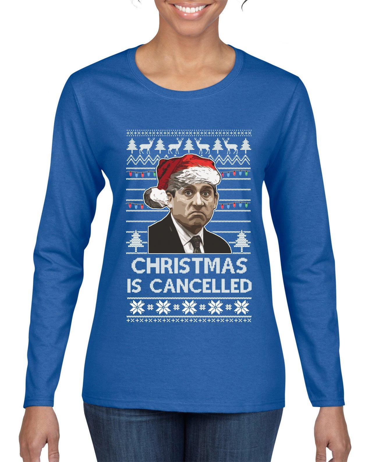 Christmas Is Cancelled Michael Scott Office Ugly Christmas Sweater Womens Graphic Long Sleeve T-Shirt