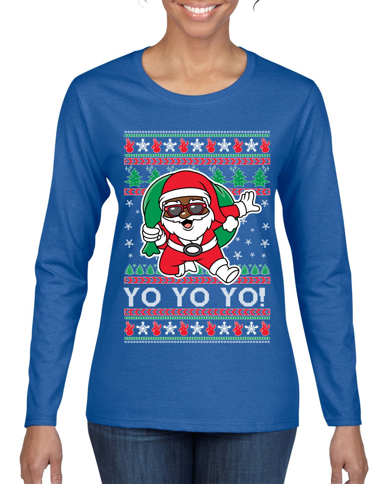 Yo Yo Yo Black Santa Ugly Christmas Sweater Womens Graphic Long Sleeve T-Shirt