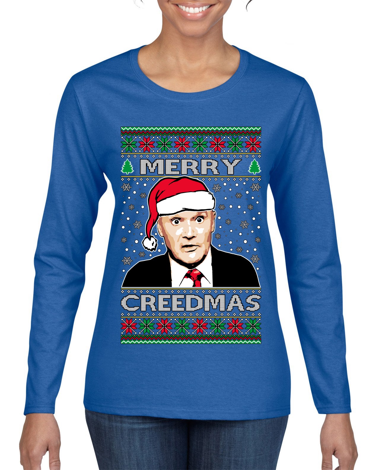Merry Creedmas Office Humor TV  Ugly Christmas Sweater Womens Graphic Long Sleeve T-Shirt