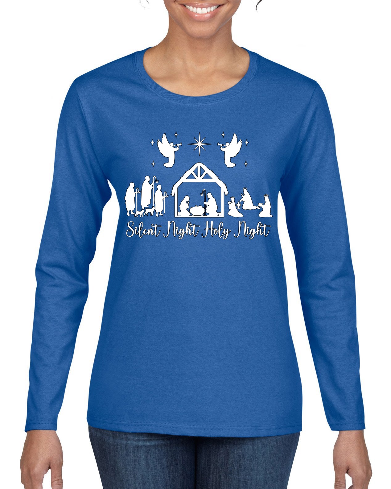 Silent Night Holy Night Religious Jesus Christmas Womens Graphic Long Sleeve T-Shirt