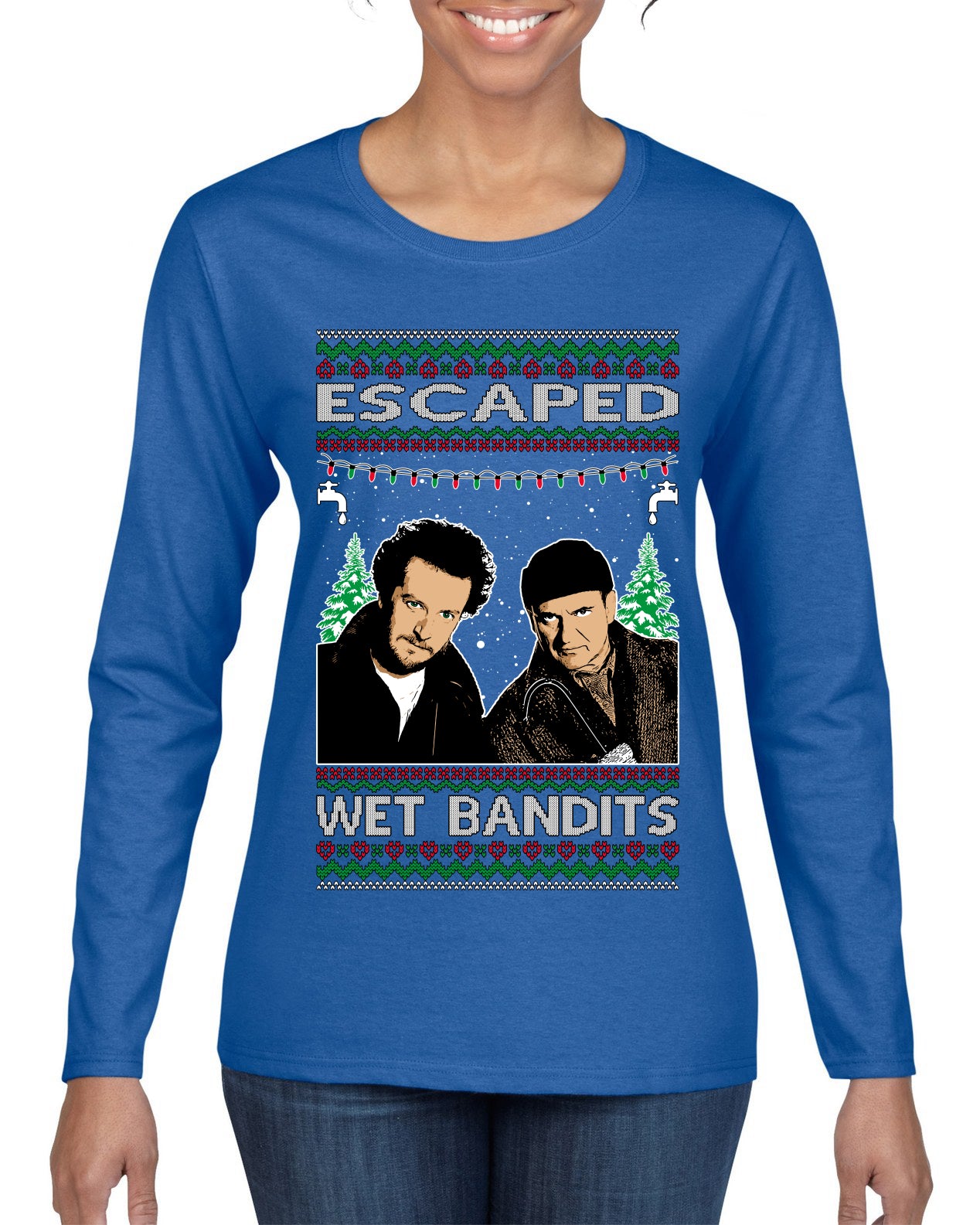Escaped Bandits Classic Home Holiday Movie Ugly Christmas Sweater Womens Graphic Long Sleeve T-Shirt