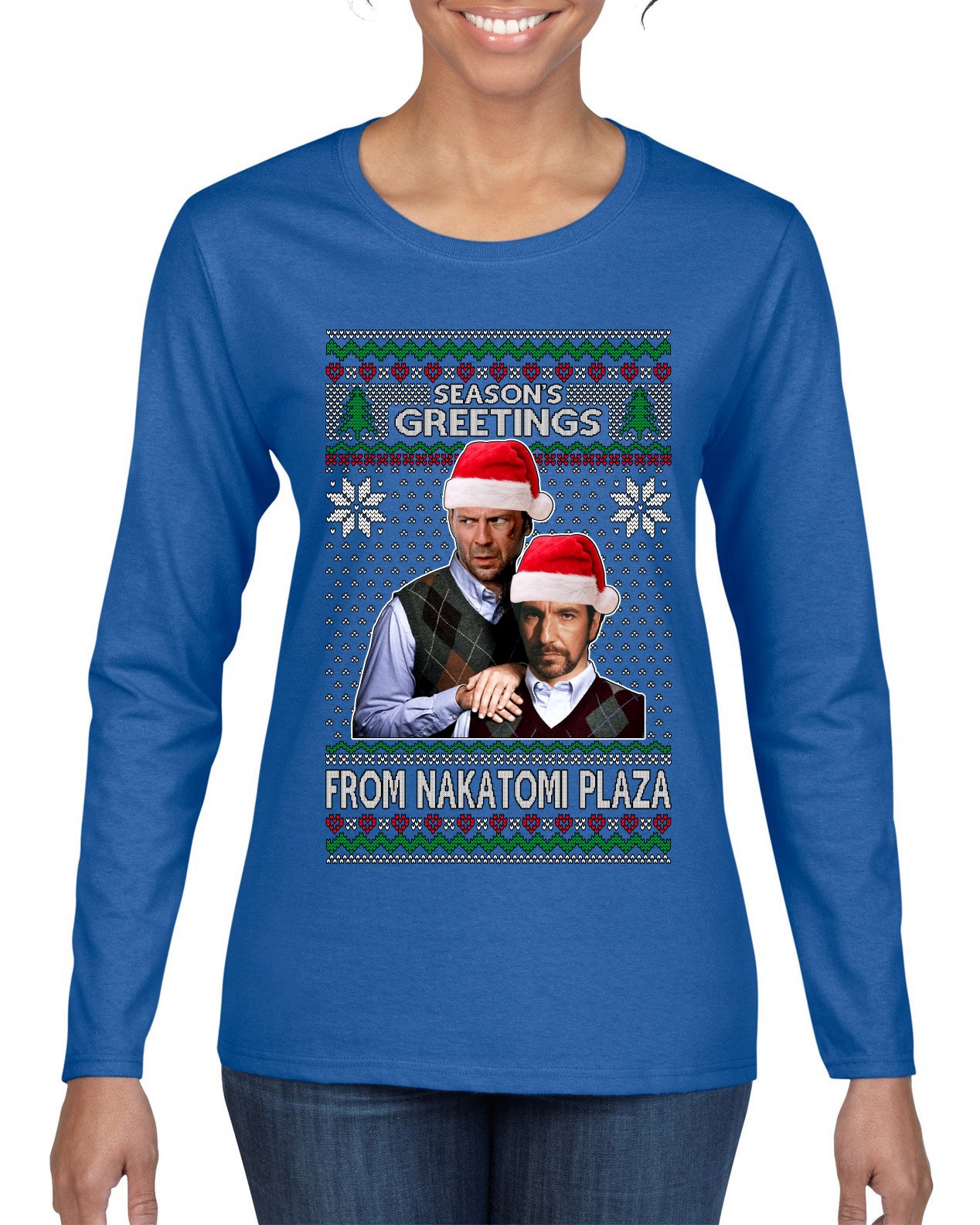 Season's Greeting From Nakatomi Plaza Ugly Christmas Sweater Womens Graphic Long Sleeve T-Shirt