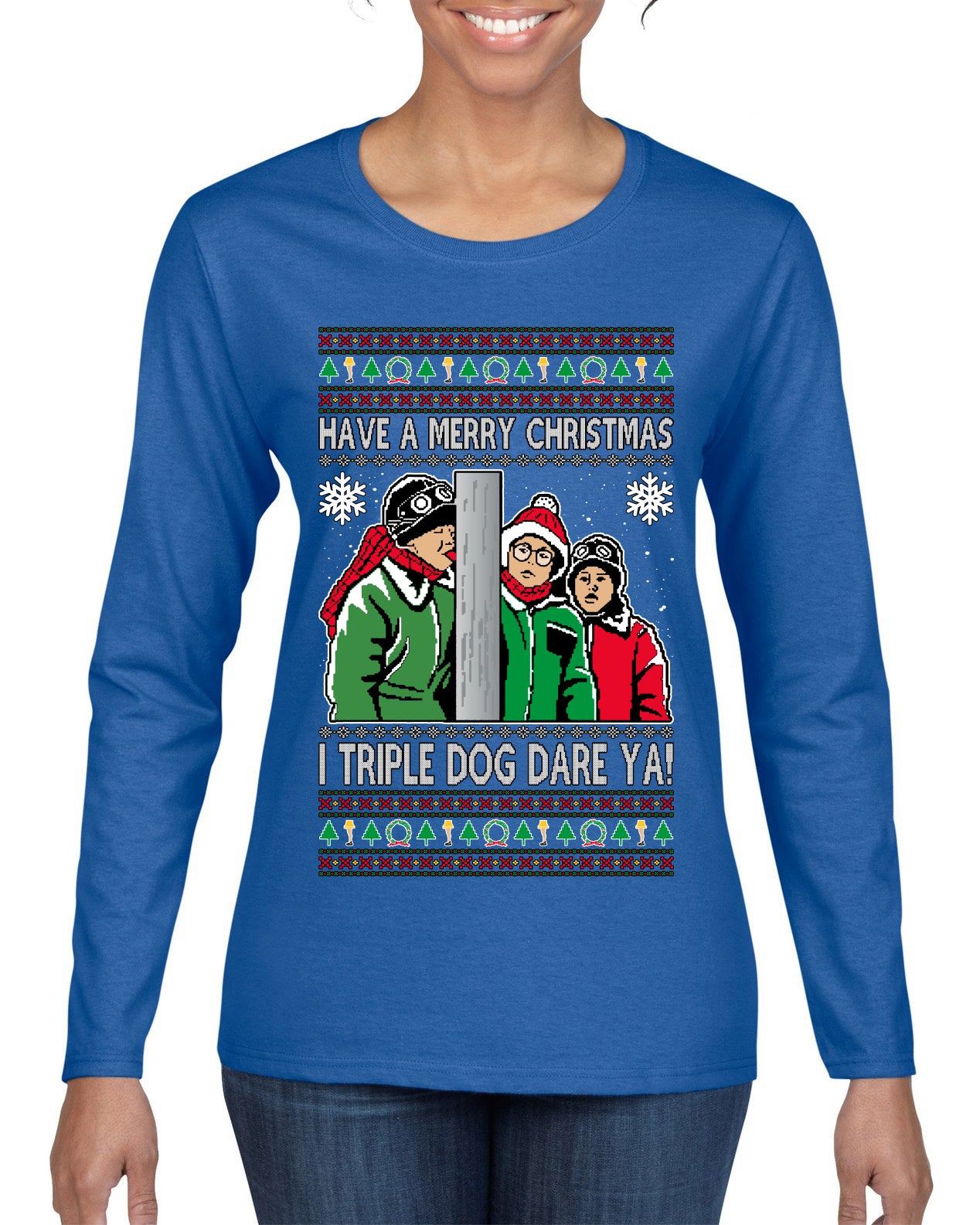 I Triple Dog Dare Ya Merry Story Ugly Christmas Sweater Womens Graphic Long Sleeve T-Shirt