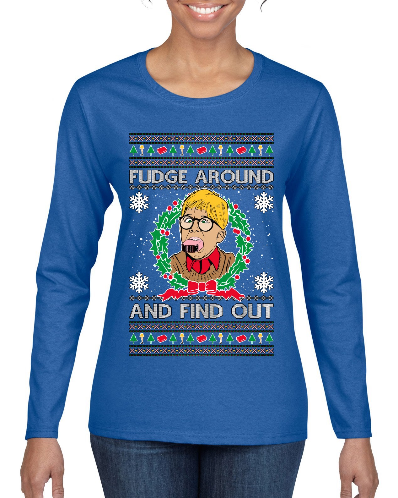 Fudge Around And Find Out Story Ugly Christmas Sweater Womens Graphic Long Sleeve T-Shirt