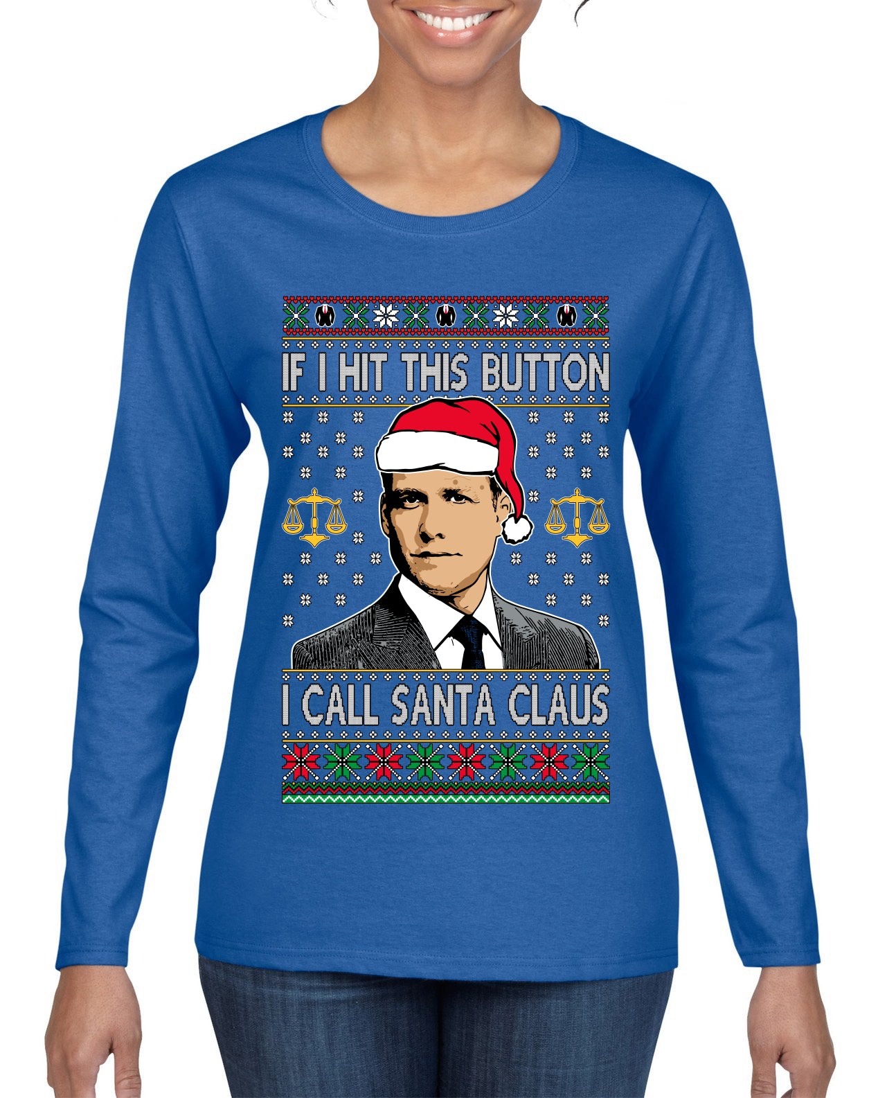 Harvey Hit This Button I Call Santa Specter TV Show Parody Ugly Christmas Sweater Womens Graphic Long Sleeve T-Shirt