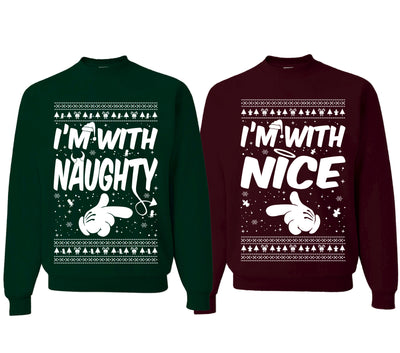 I'm With Naughty... I'm With Nice Ugly Christmas Sweater Matching Couples Crewneck Sweater