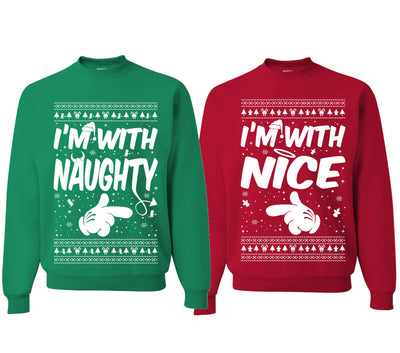 I'm With Naughty... I'm With Nice Ugly Christmas Sweater Matching Couples Crewneck Sweater