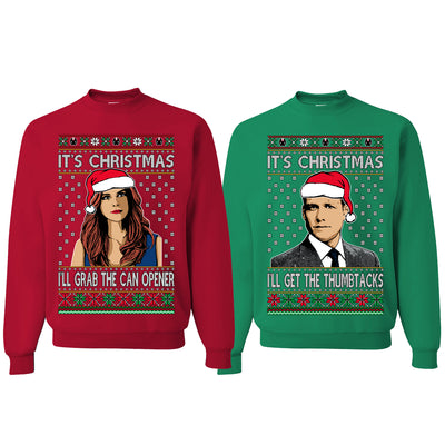 Harvey Donna I'll Get The Can Opener Thumbtacks TV Show Parody Ugly Christmas Matching Couples Crewneck Sweater
