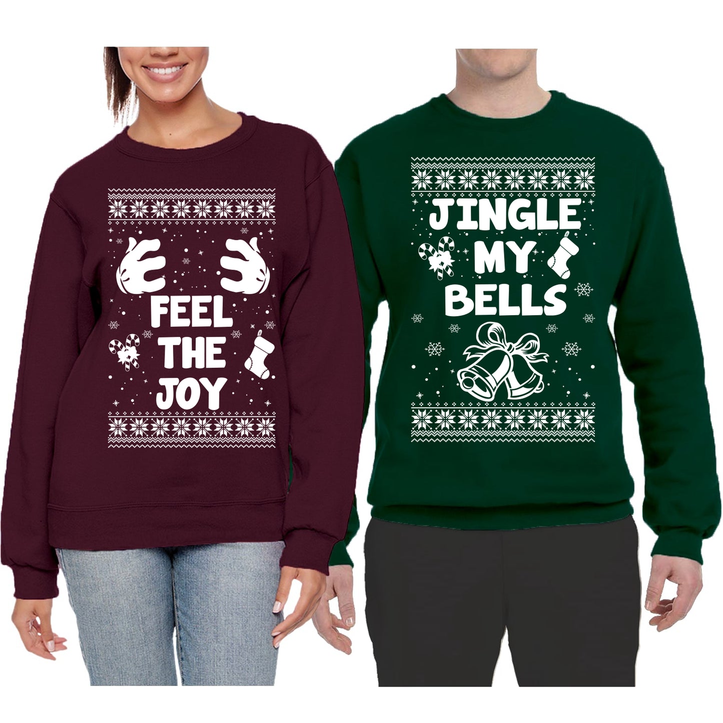 Feel The Joy... Jingle My Bells Ugly Christmas Sweater Matching Couples Crewneck Sweater