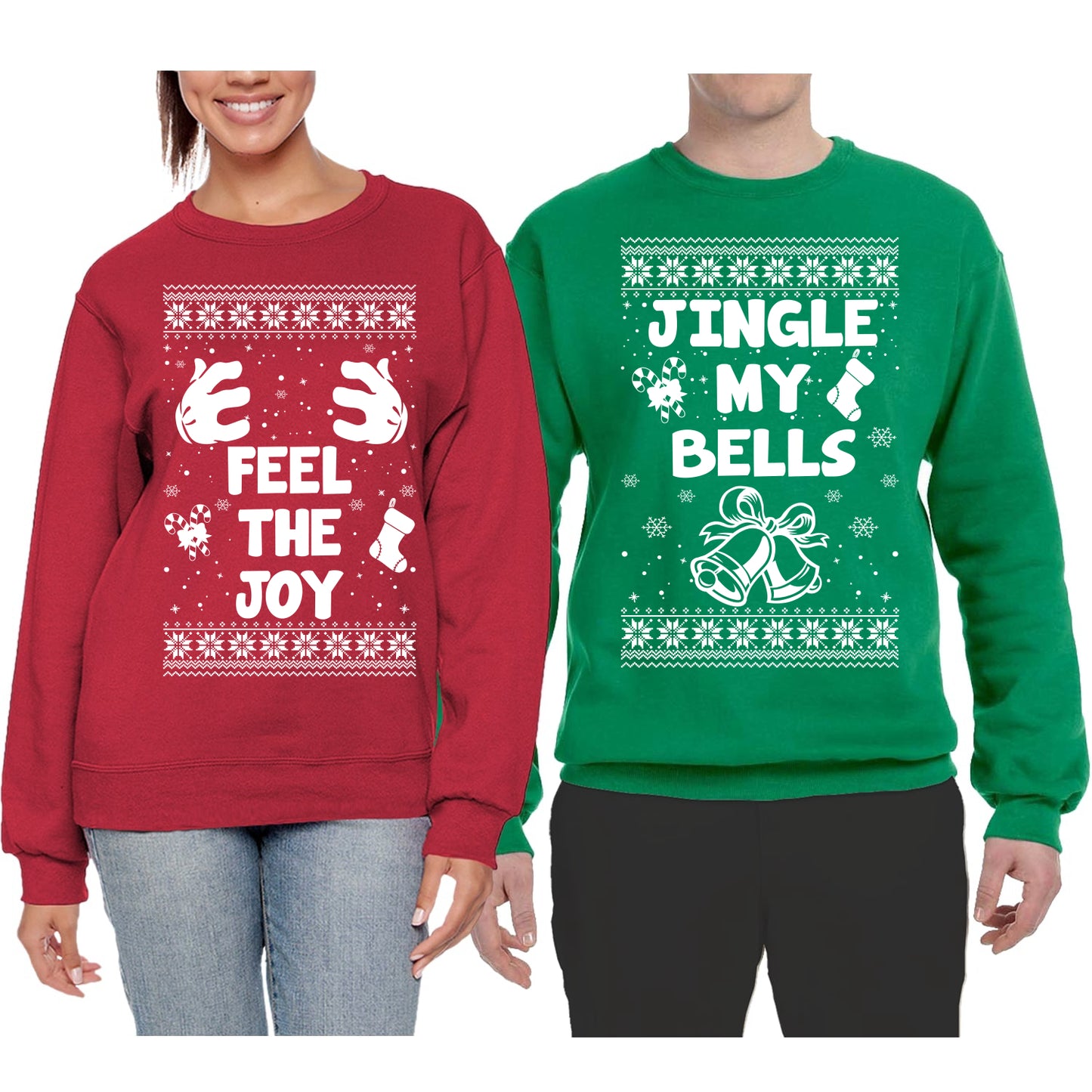 Feel The Joy... Jingle My Bells Ugly Christmas Sweater Matching Couples Crewneck Sweater