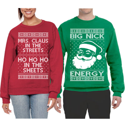 Big Nick Energy Ho Ho Ho In The Sheets Ugly Christmas Matching Couples Crewneck Sweater