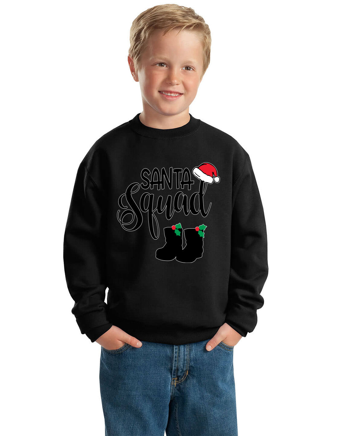 Santa Squad Xmas Hat Boots Ugly Christmas Sweater Boys Crewneck Graphic Sweatshirt