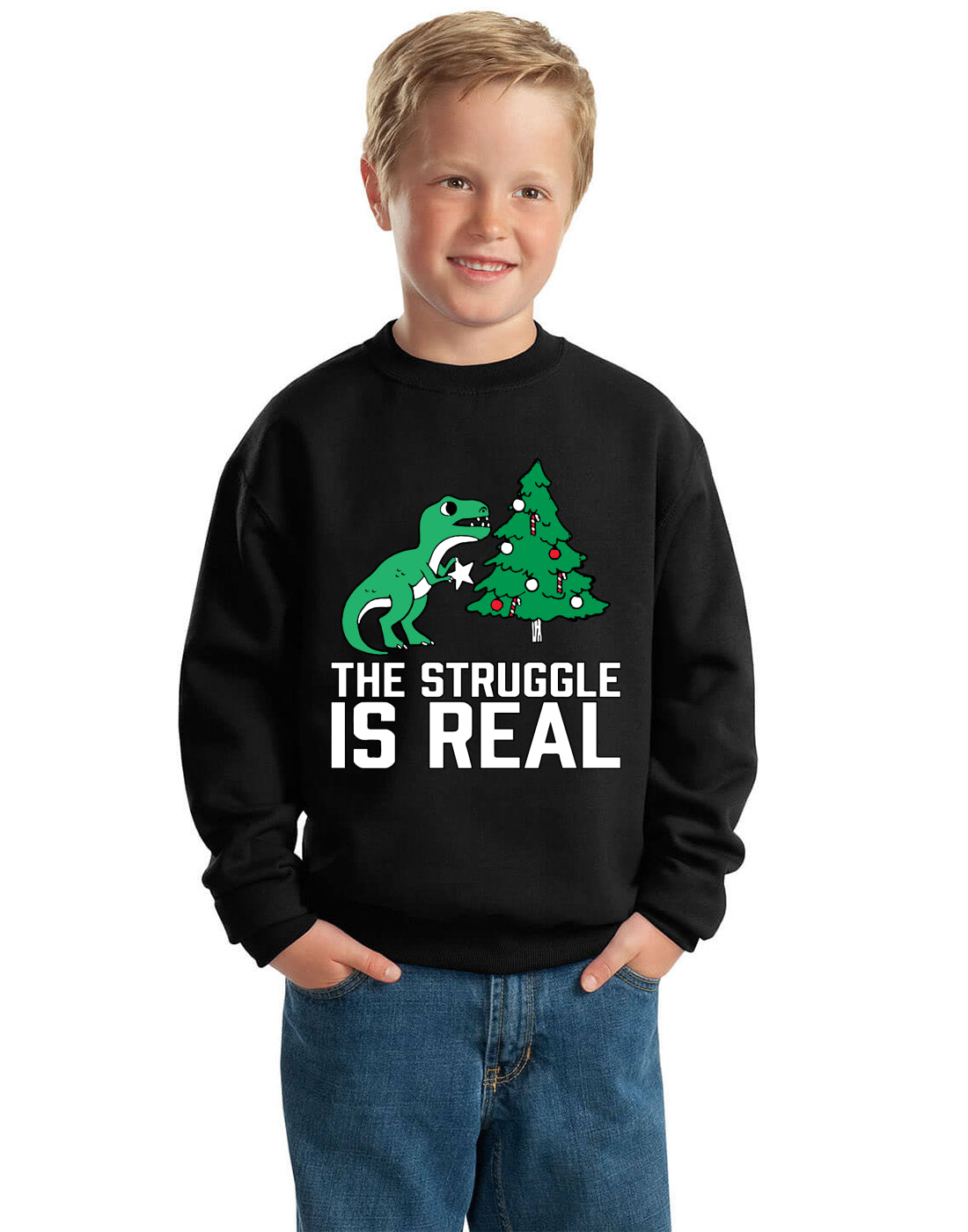 Christmas Trex The Struggle is Real Ugly Christmas Sweater Boys Crewneck Graphic Sweatshirt